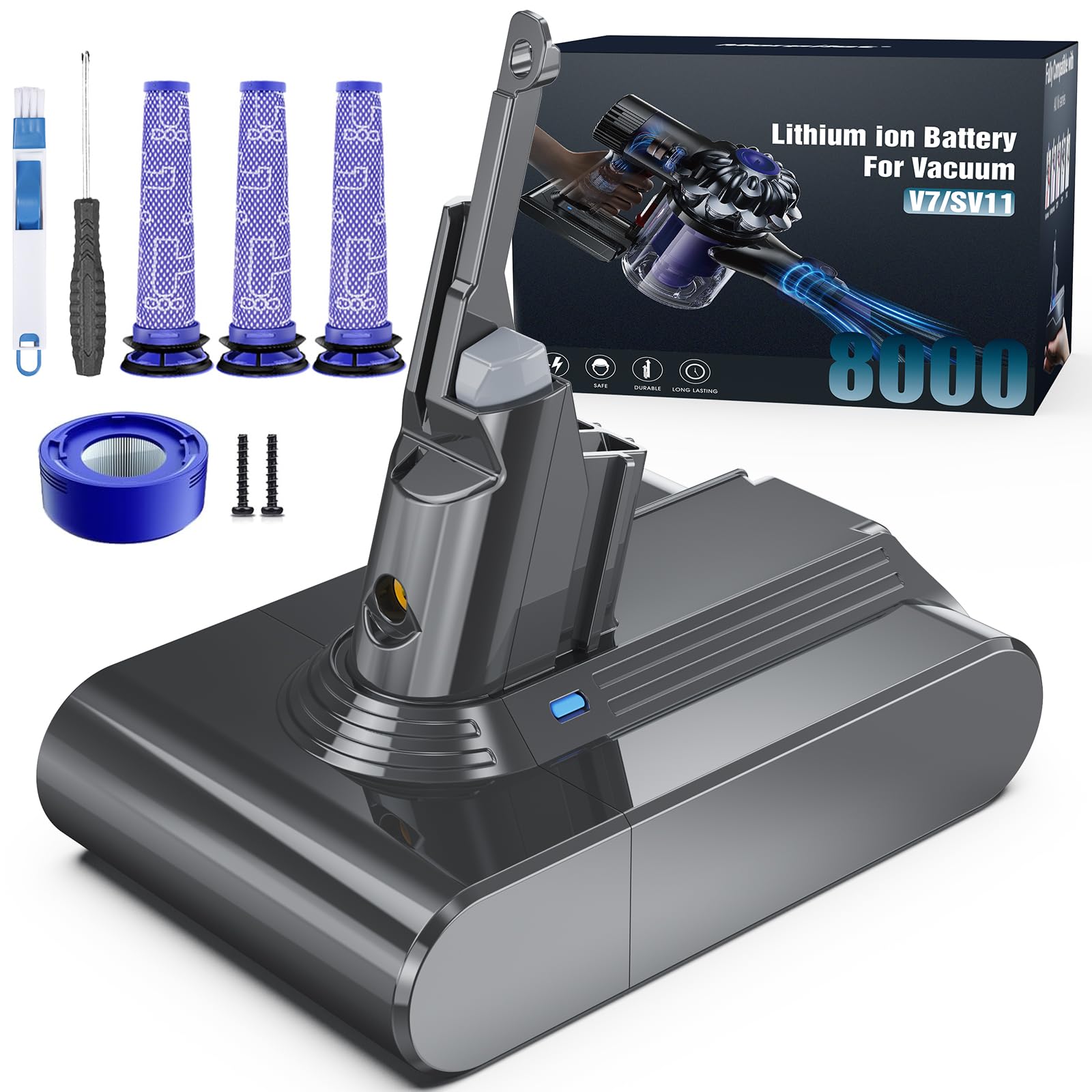 Morpilot Batteria di Ricambio per V7, 8000mAh Batteria per Dyson V7, Adatto per Motorhead Animal Trigger Pro Fluffy Mattress Absolute Aspirapolvere con 3 Filtri