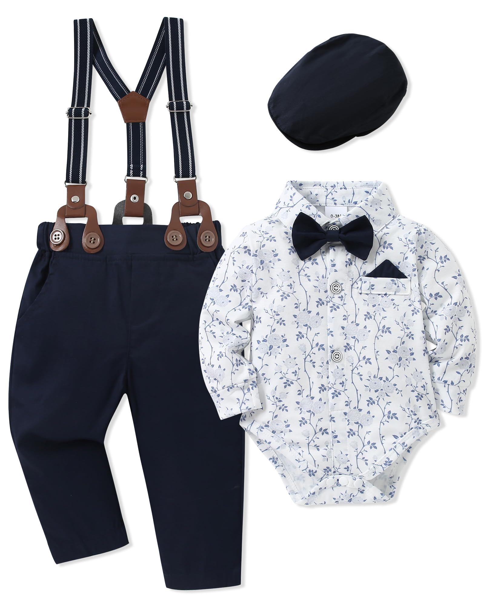 WESIDOM Conjunto de ropa para bebé niño de 0 a 18 meses, camisa, corbatín, boina, pantalones con tirantes, floral, azul marino, 12-18 meses, Floral+azul marino, 12-18 Months