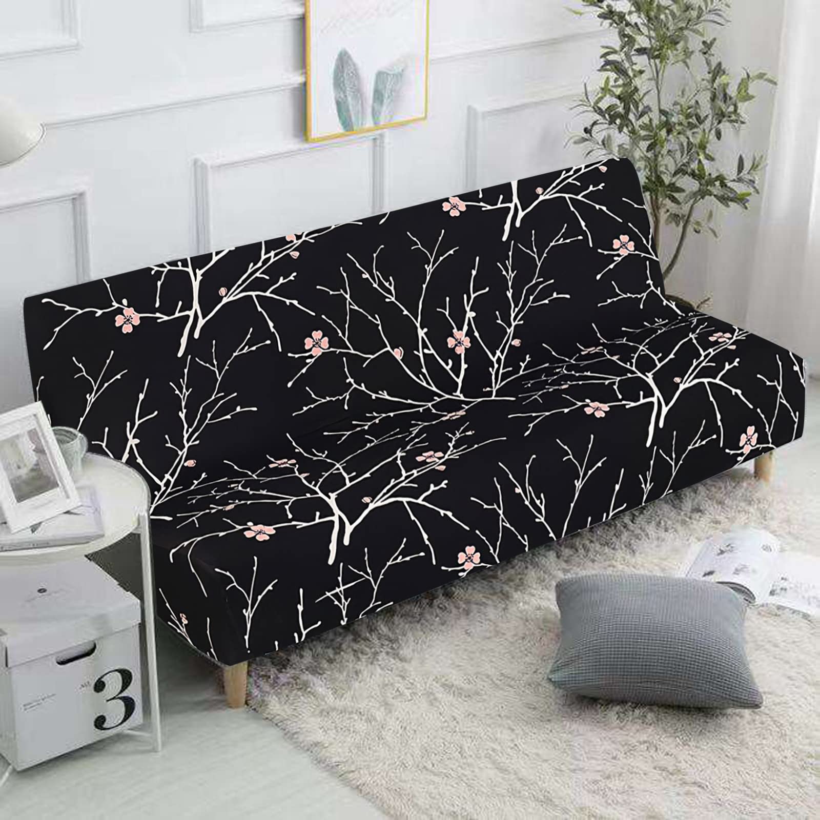 Jaotto Copridivano Clic Clac estensibile a 3 posti, fodera per divano senza braccio, elastica, in spandex, protezione per divano letto universale,Fiore Nero