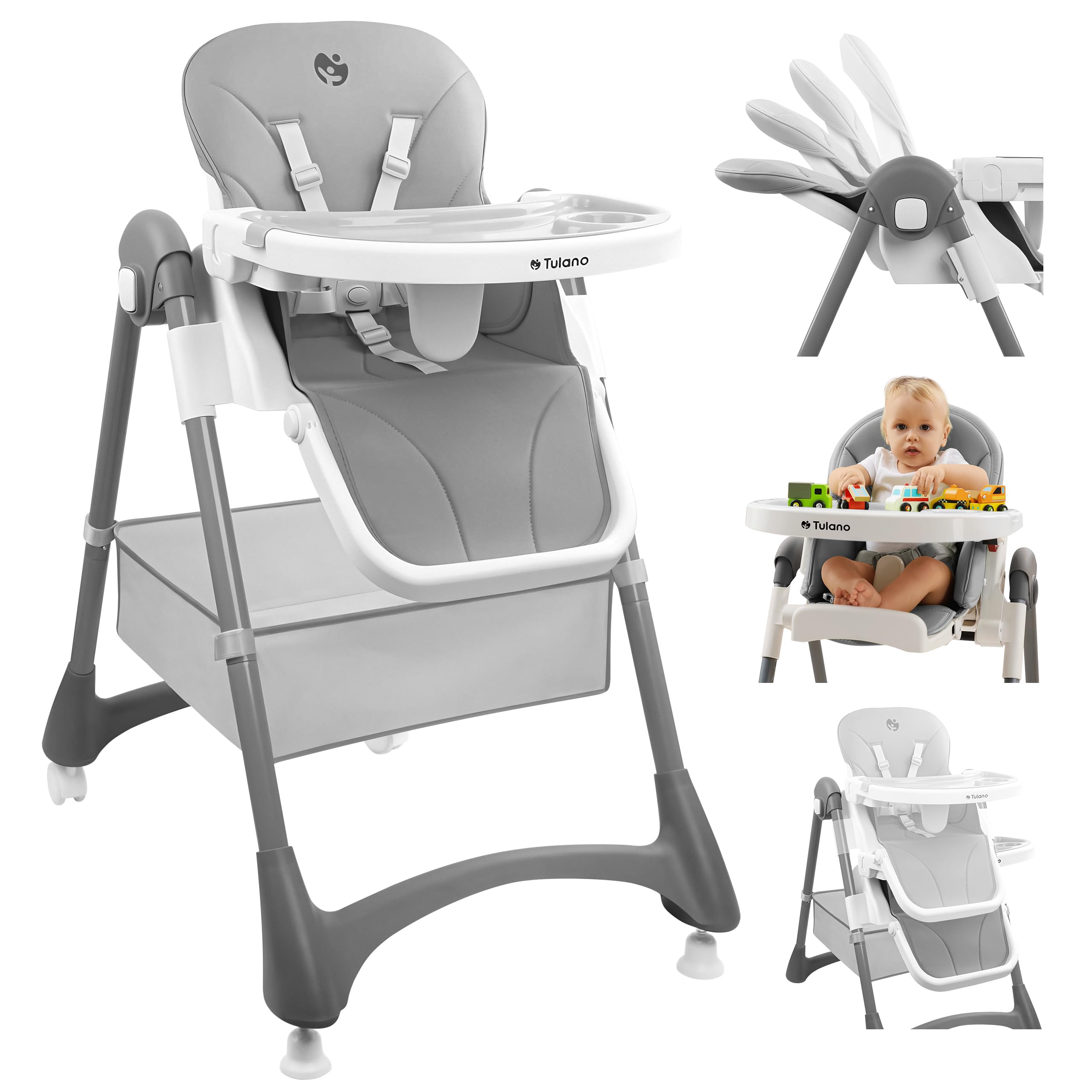 Tulano Morsel 30 Hochstuhl Baby, höhenverstellbar, klappbar, mit Tablett, 5-Punkt-Gurt, abnehmbares Tablett spülmaschinenfest, für Babys ab 6 Monate, Kinderhochstuhl Grau