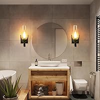 Vista 9 de Juego de dos apliques de pared rústicos, lámpara de pared de granja negra cableada en interiores, lámparas de pared retro con vidrio ámbar, apliques