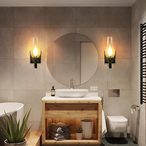 Miniatura 9 de Juego de 2 apliques de pared rústicos, apliques de pared negros cableados para interiores, lámparas de pared retro con vidrio ámbar, apliques de