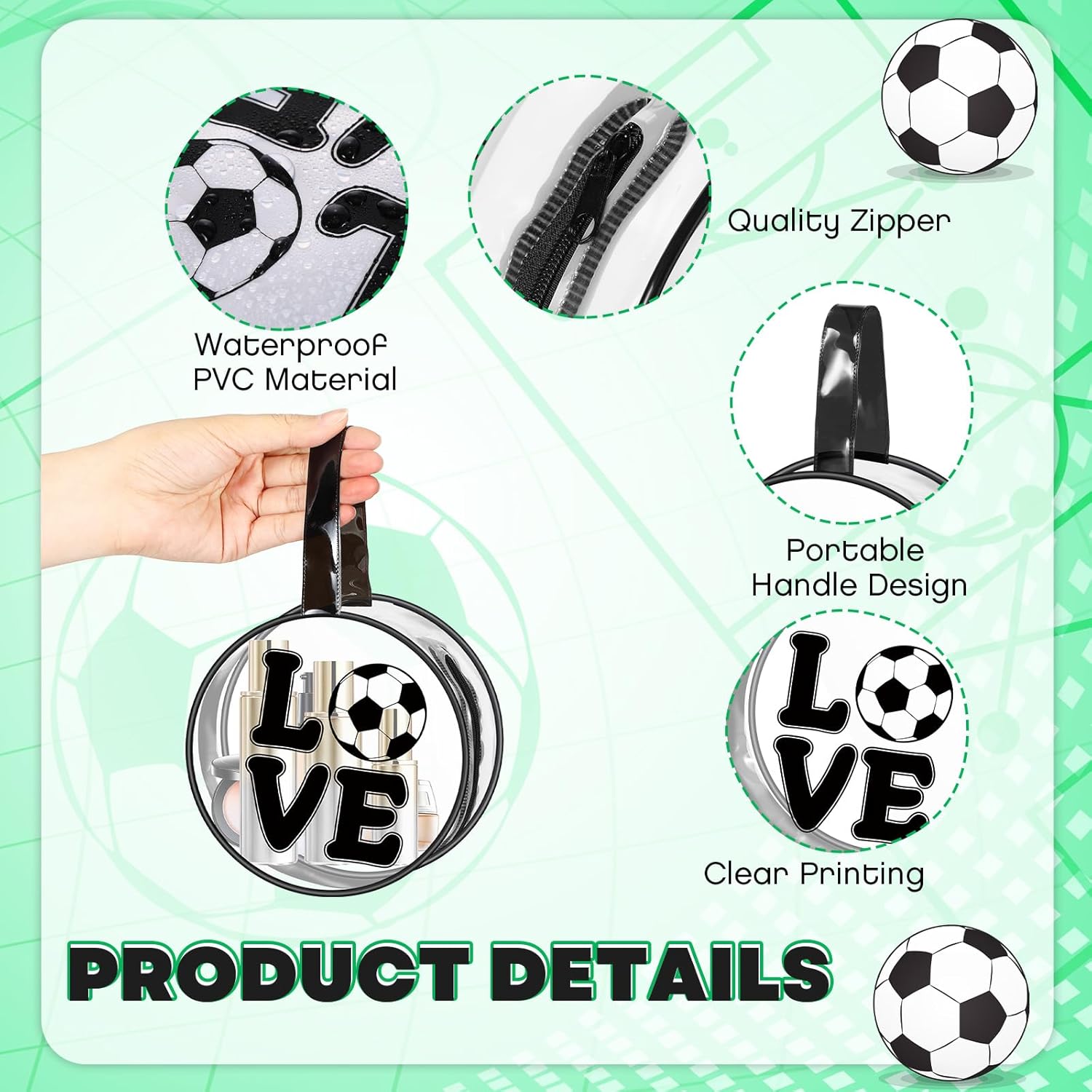 20 Pcs Soccer Gifts Makeup Bag Clear Waterproof PVC Soccer Cosmetic Bags Travel Toiletry Zipper Pouch Round Portable Sport Cosmetic Case for Women Girls Team Gift Party Favors - Image 4