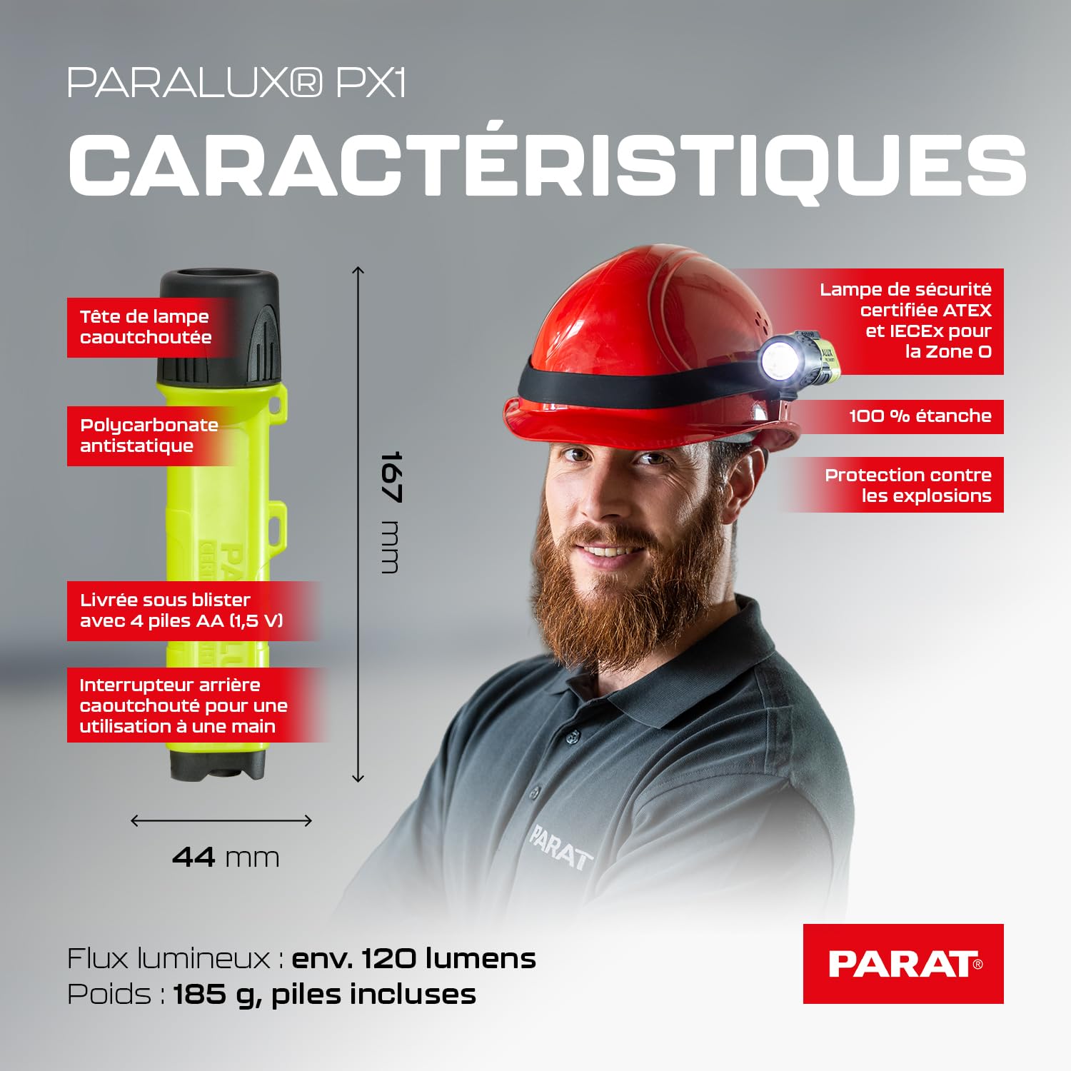 Lampe à main Parat Paralux PX1 (lampe de sécurité stable / lampe de travail étanche, antipoussière / lampe avec piles)