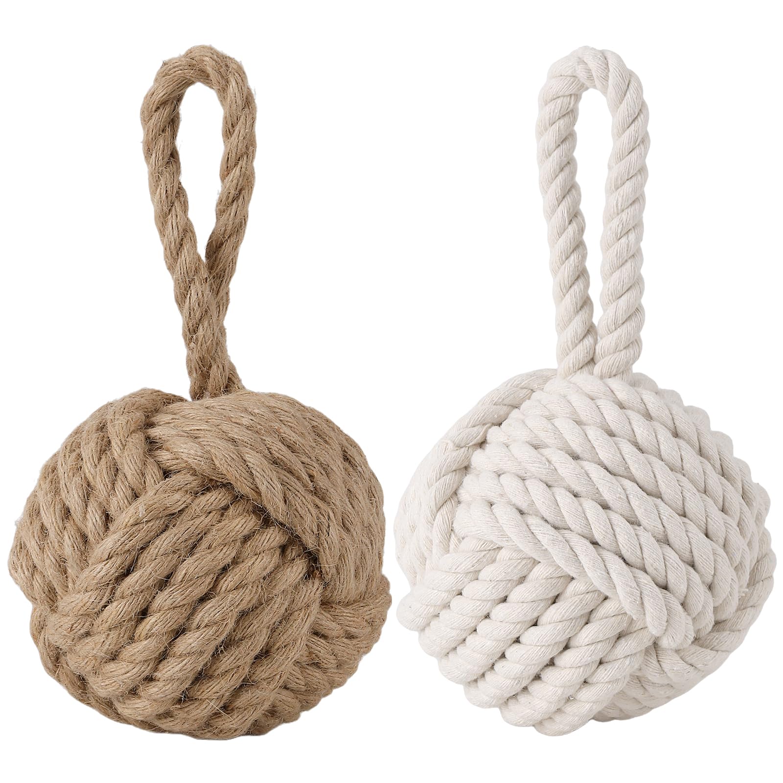2 Fermaporta Decorativo in Corda con Nodo, Fermaporta Pesante per Interni, 1,5 kg, 14 x 14 x 28 cm, Marrone e Beige, Canapa e Cotone