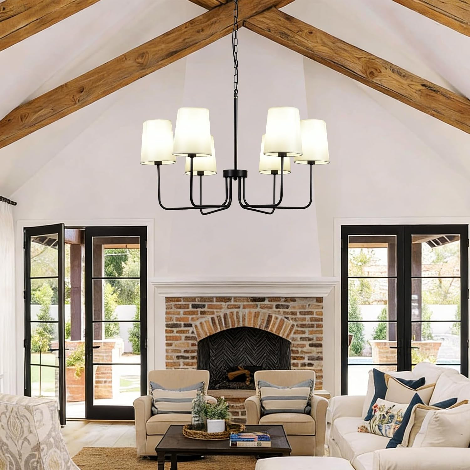 29.5" Black Farmhouse Chandelier with Shade, 6-Arm Vintage Modern Dining Room Light Fixture, Chandeliers Ceiling Light Fixture for Bedroom Kitchen Island Living Room Bulb Not Included