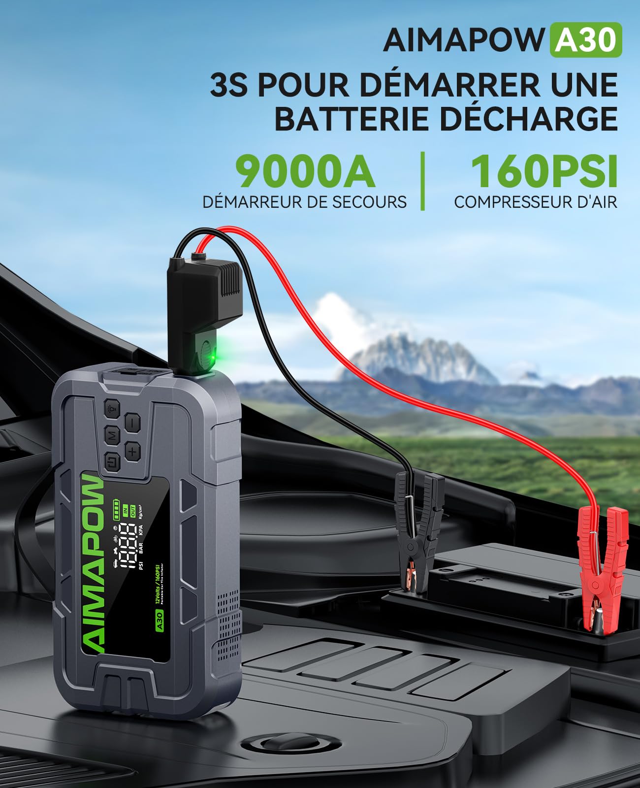 AIMAPOW Booster Batterie Voiture 12V 9000A avec Compresseur 160 PSI, Démarreur Portable 2-en-1 pour Essence et Diesel Jusqu’à 12L, Gonfleur Pneus Auto-Stop, Écran LCD, Pinces Intelligentes, LED 600LM