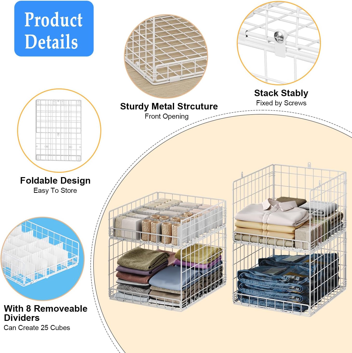 Closet Organizers and Storage Shelves for Clothes, Collapsible Stackable Storage Bins Organizer Baskets Containers Drawers for Truck Camper Closet RV Closets Pantries Cupboard Wardrobe