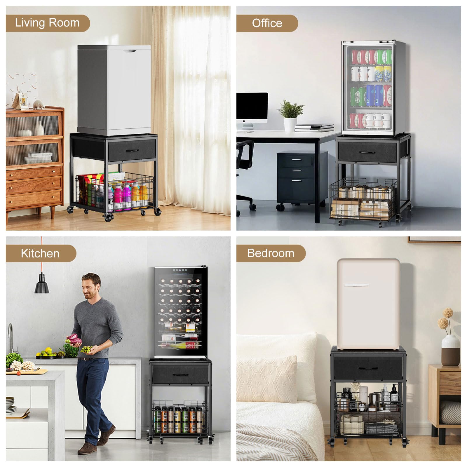 Housolution Soporte para Mini Nevera con Almacenamiento, Estante para Mini Nevera Regulable en Altura con Ruedas, Organizador Portátil para Nevera con Cajón para Hogar, Oficina, Negro