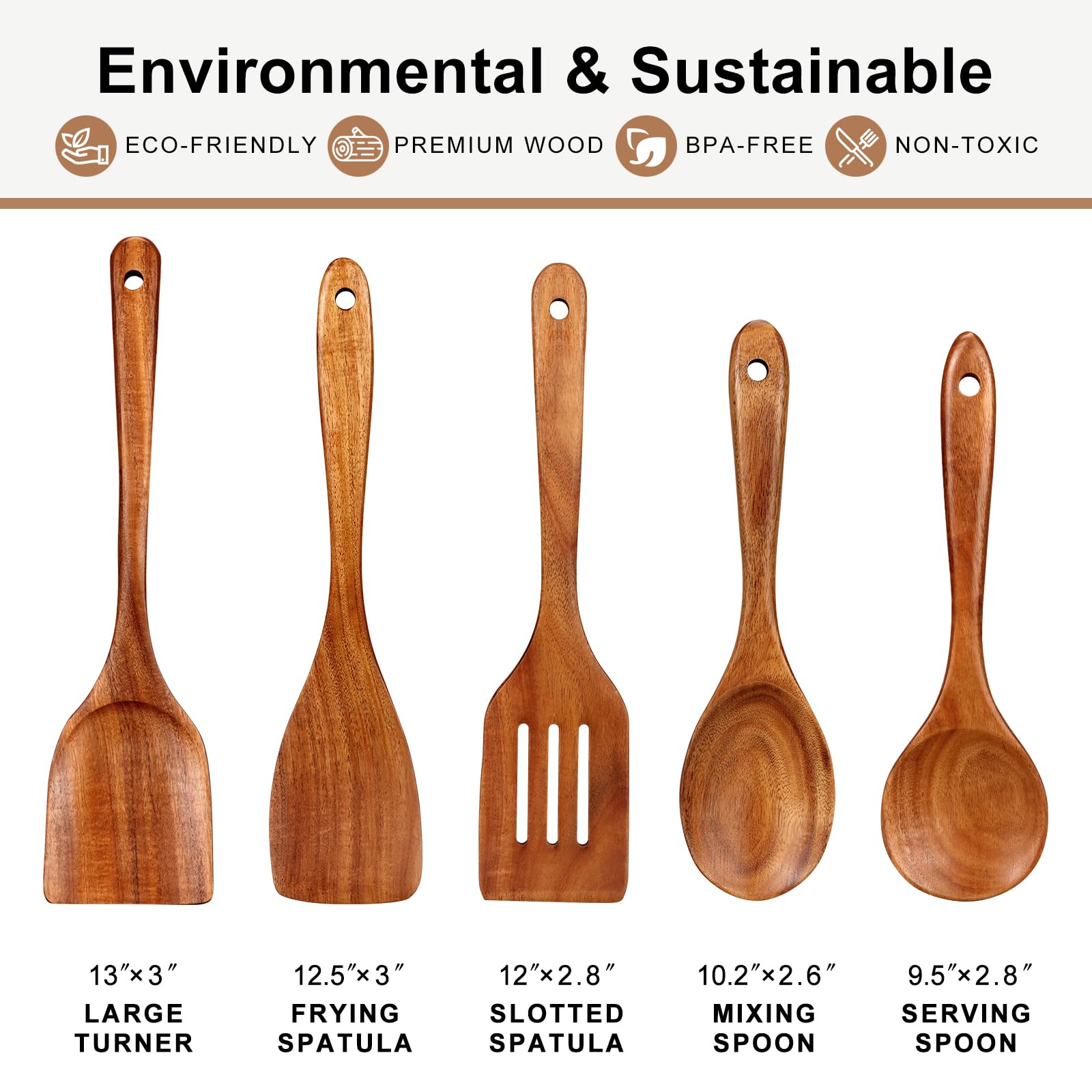 Küchenutensilien-Set aus Holz, 5-teilig, Teakholz, kratzfeste und ungiftige Kochutensilien mit Pfannenwender, Schlitzspatel, abgewinkeltem Spatel, Servierlöffel, Salatlöffel