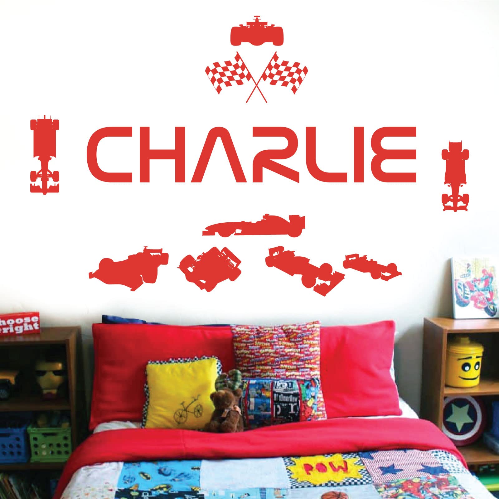 Personalised Name Children Wall Art Sticker - Racing Driver Formula 1 Cars Sport [Medium] [Tomato]