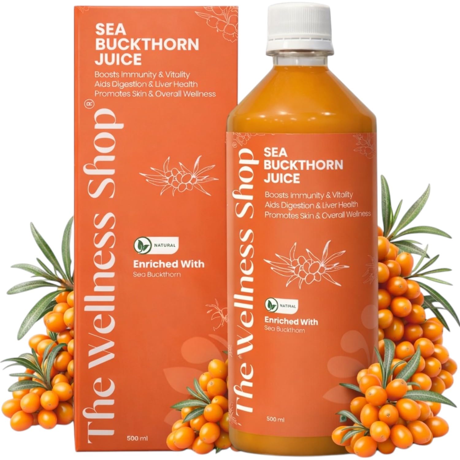 The Wellness Shop Sea Buckthorn Juice for Immunity Boost, Vitality & Digestion Support, 500ml Pack of 1, Natural Ayurvedic Herbal Antioxidant Supplement for Men & Women Use