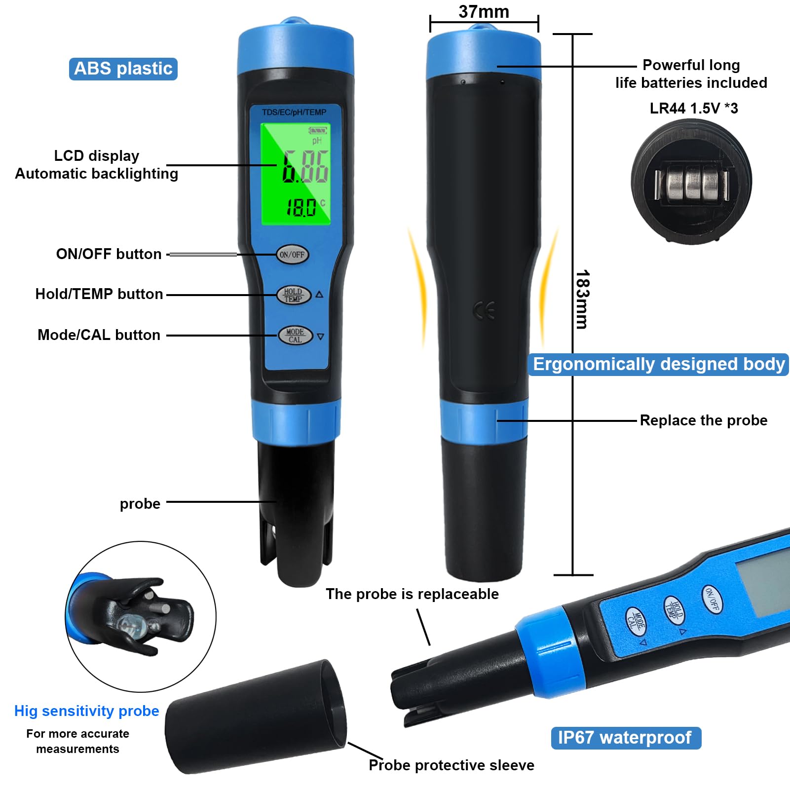 pH Messgerät 4 IN 1 mit TDS EC Temperatur Multi-Parameter Pool pH Tester 0,01 Auflösung hohe Genauigkeit wasserdicht IP67 Wasserqualität Meter mit automatischer Temperaturkompensation