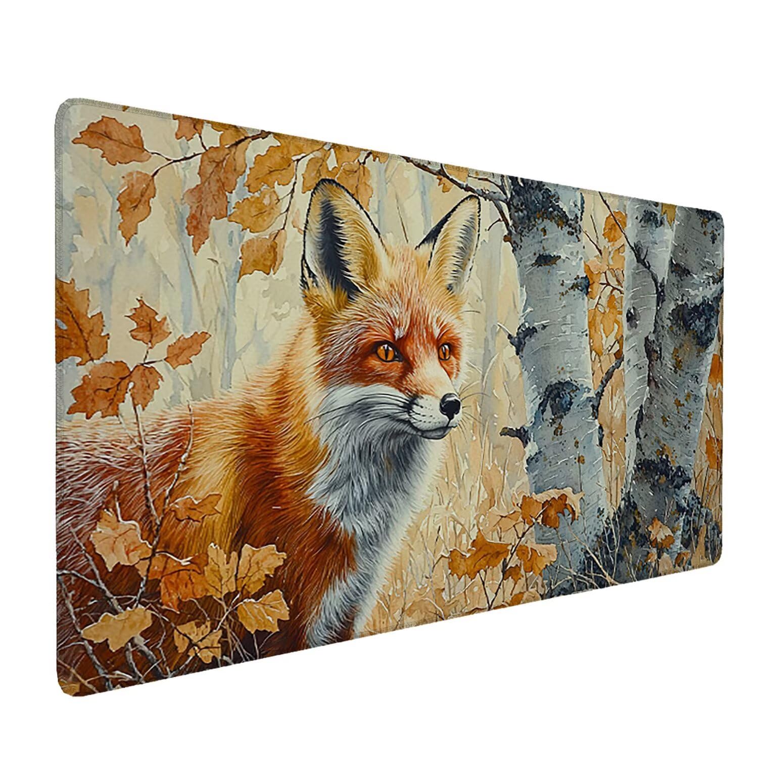 Podkładka pod mysz, 100 x 50 cm, gamingowa podkładka pod mysz z przyszytymi krawędziami, jesienny lis, wydłużona, duża, XXL, podkładka pod mysz gamingową z antypoślizgową gumową podstawą, akcesoria na