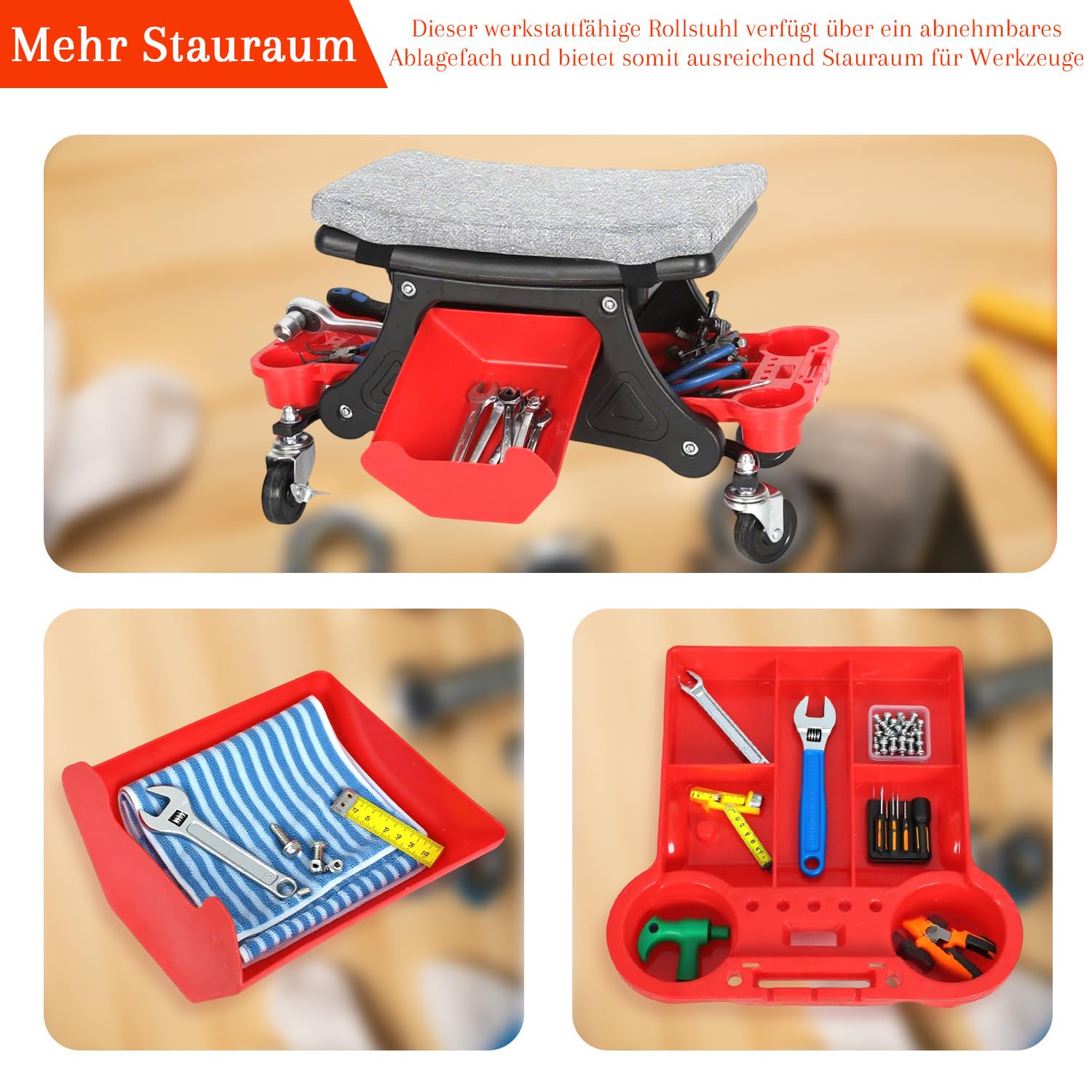 Werkstatthocker Rollhocker Arbeitshocke, Werkstatt Rollsitz 185kg Belastbar, mit Aufbewahrungstrays, abnehmbaren Sitzkissen und verriegelbaren Rollen