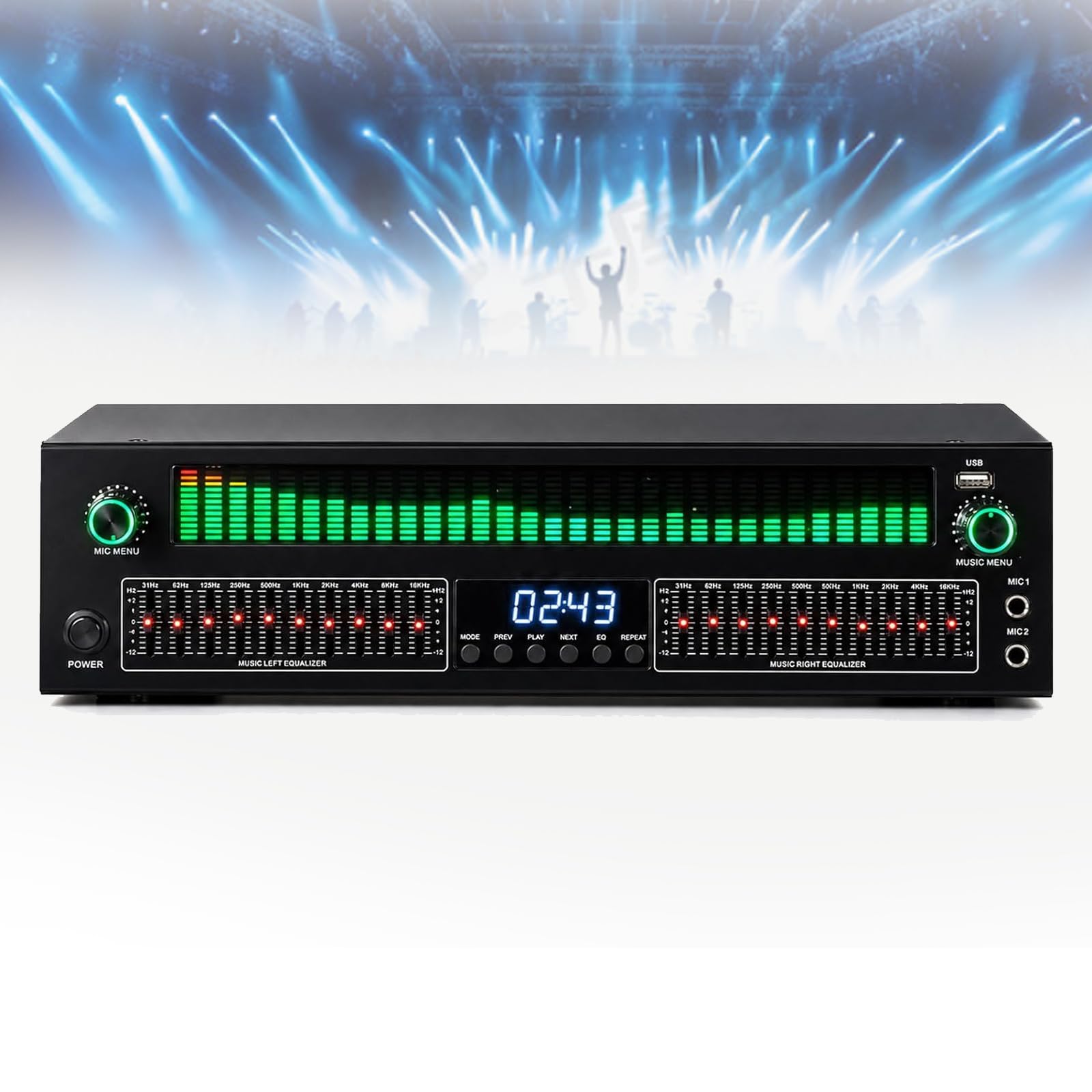 VILA SMO 31-band Stereo Graphic Equalizer, Green Dynamic Spectrum Display, Dual 10-band Stereo Eq Control, With Noise Reduction,12 Spectral Rhythm Patterns, Optical Coaxial Aux Inputs, For Recording