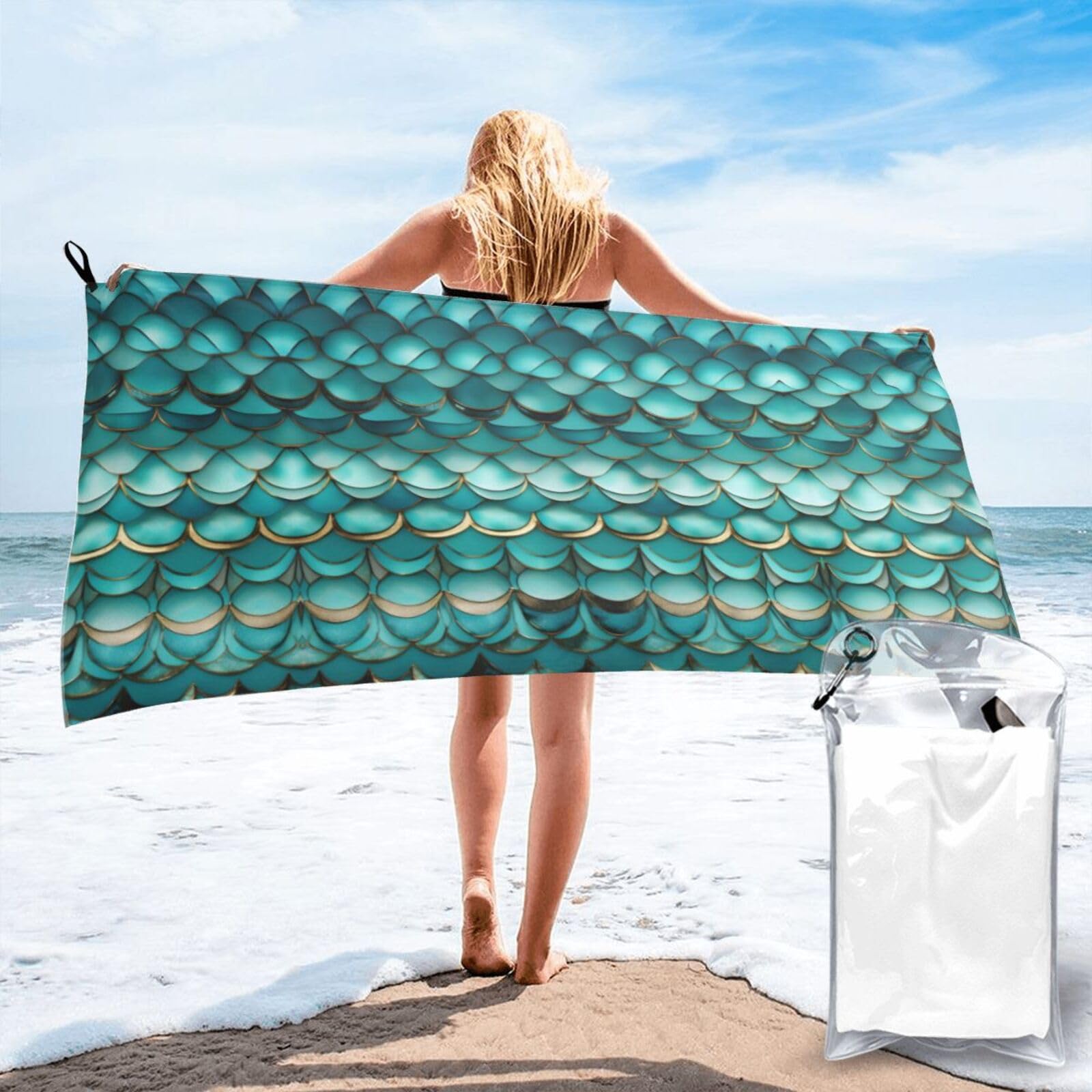 HLBSDM Mermaid Teal Fish Scale Print Beach Towel Quick Dry Portable for Swimming Yoga Travel Campers
