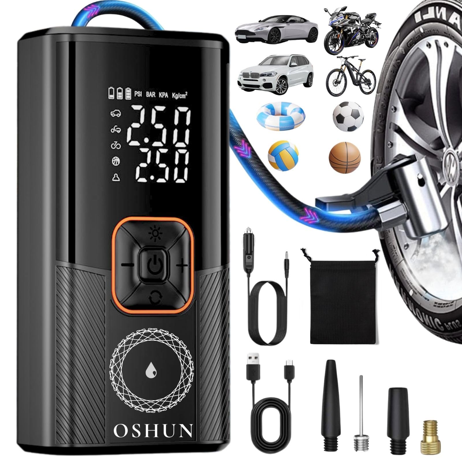 OSHUN Gonfleur Pneus Voiture sans Fil Mini Compresseur à Air Portatif 150 PSI (10,3 Bar) Inflation Rapide Gonfleur Electrique Puissance 100W Cylindre 19 mm Affiche 2 Valeur avec 3M Allume-Cigare 12V