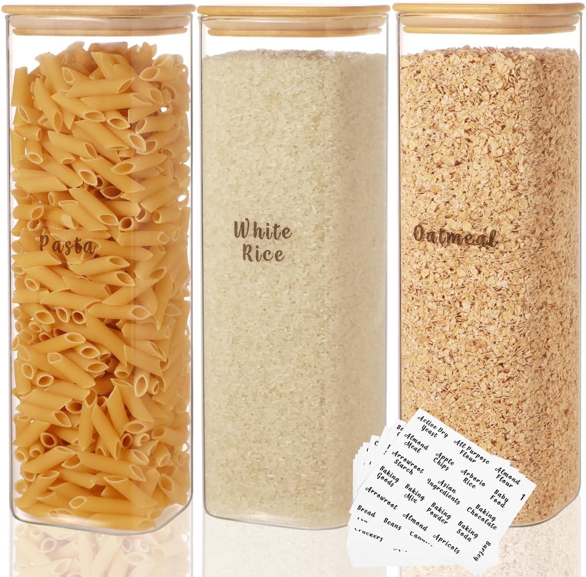 3 Glass Pantry Storage Jars with Bamboo Lids & 248 Labels – 74oz