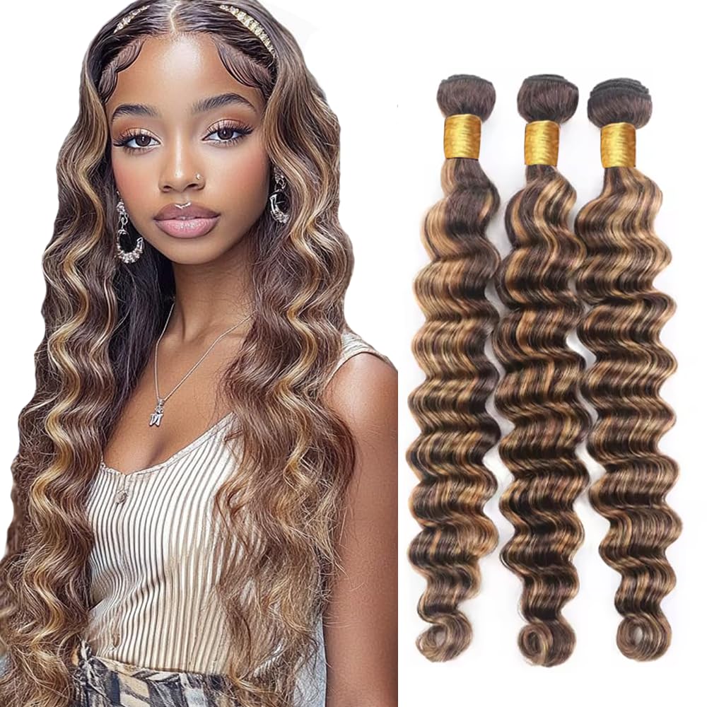 Hxxcoup 26 28 30 Inch Loose Wave Human Hair Bundles P4/27 Highlight Honey Blonde Color Unprocessed Knotless 3 Bundles Total 300g Quick Weave Human Hair Extensions