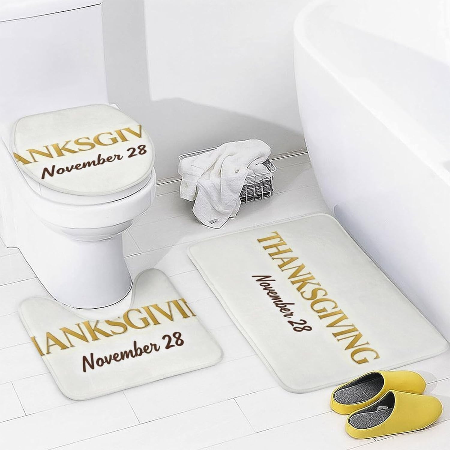 4 Piece Bathroom Rug Set with Shower Curtain, Non-Slip Bath Mat Toilet Cover Set, Minimalist Design Bathroom Rug Sets