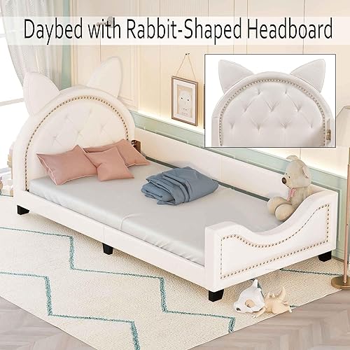 Miniatura 3 de Sofá cama con cabecero, cámaras en forma de conejo, marco de cama de madera con plataforma individual para niñas y niños, bonito sofá cama tapizado,