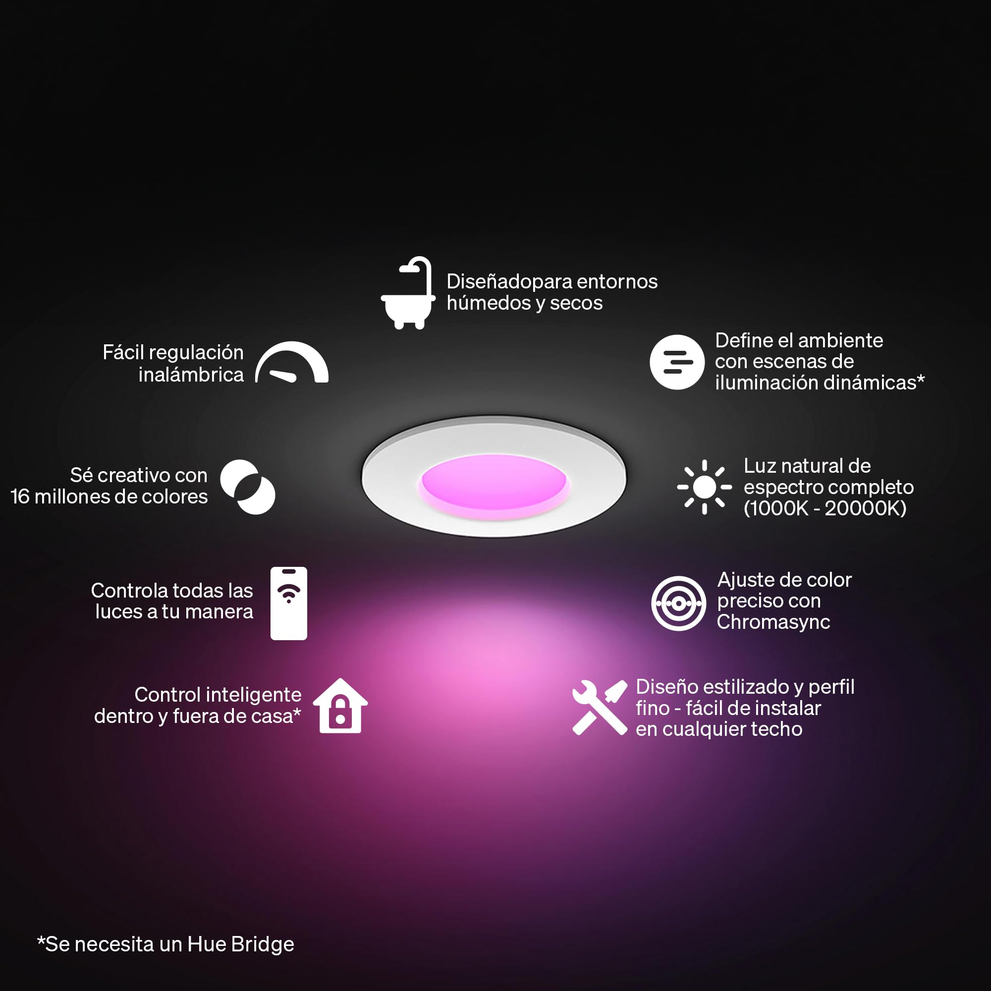 Philips Hue Slim Downlight, Plafón LED Empotrable, 1000 lm, 90 mm, Diseño Delgado, Espectro Luz de Día 1000K-20000K, Regulación Ultrabaja, Color Preciso, Iluminación Inteligente, Blanco, Pack de 3