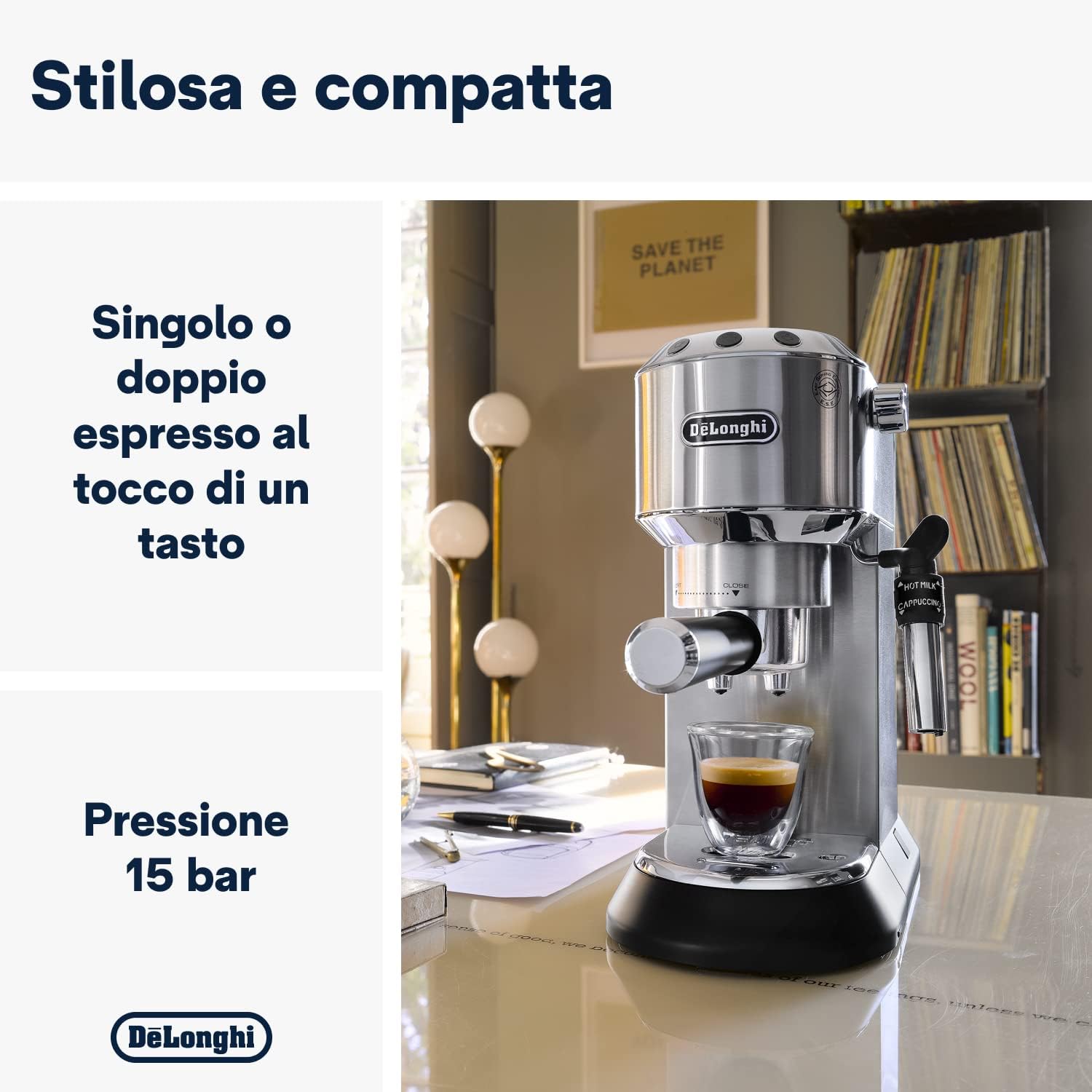 DeLonghi Dedica EC685.M Macchina da Caffè Espresso Manuale e Cappuccino, Caffè in Polvere o in Cialde E.S.E., Spegnimento Automatico, Serbatoio Estraibile 1L, Scaldatazze, 1350W, 15bar, Argento