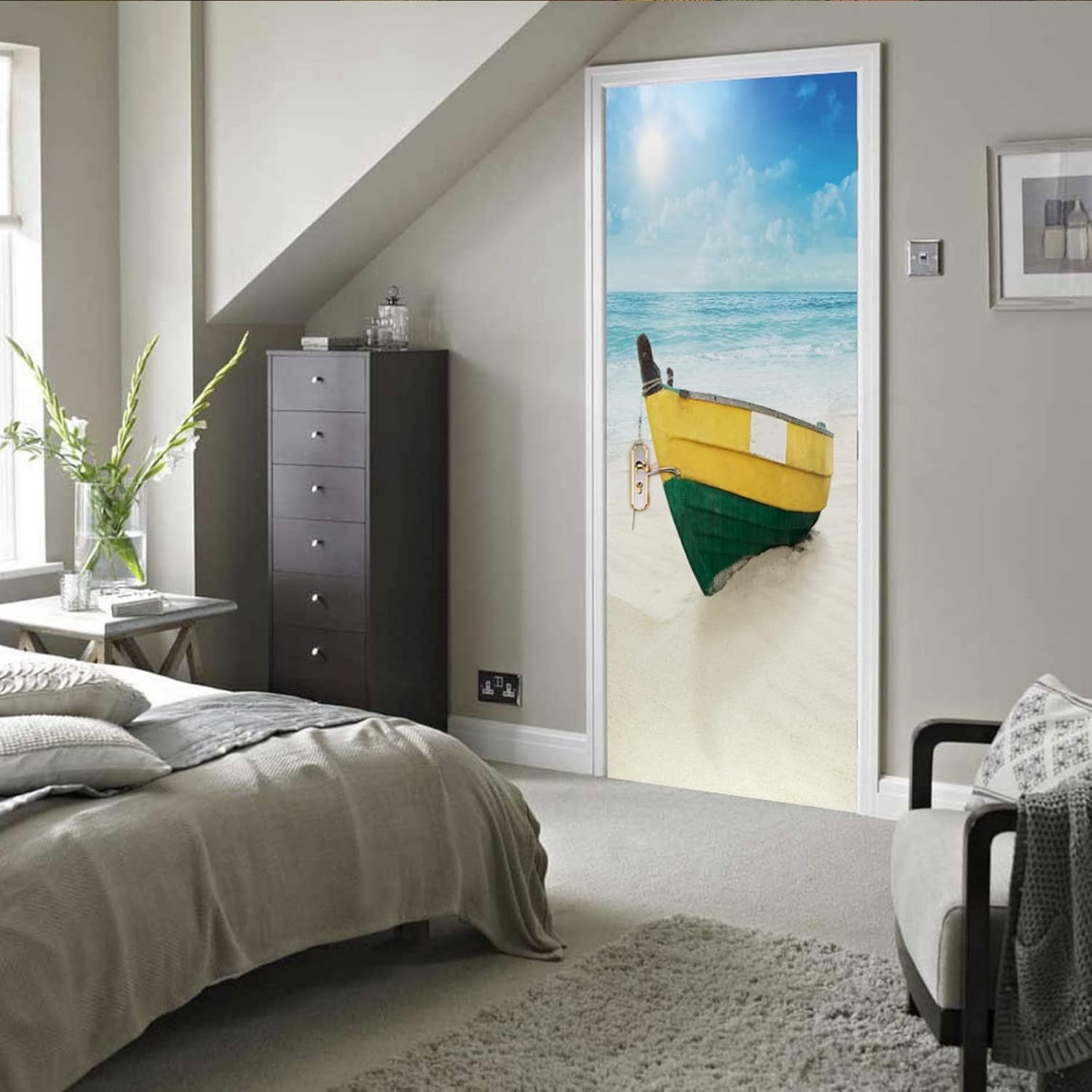 A.Monamour 3D Door Stickers for Interior Doors Boat On The Beach Vinyl Waterproof Self Adhesive Door Mural Decals for Bedroom Office Bathroom 77 x 200 cm