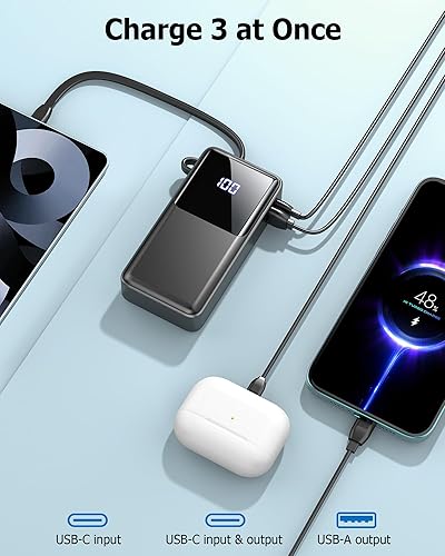 Miniatura 5 de Power Bank - Batería de carga rápida de 10000 mAh, PD de 15 W, cargador portátil con cable USB-C integrado, pantalla LED transparente, artículos