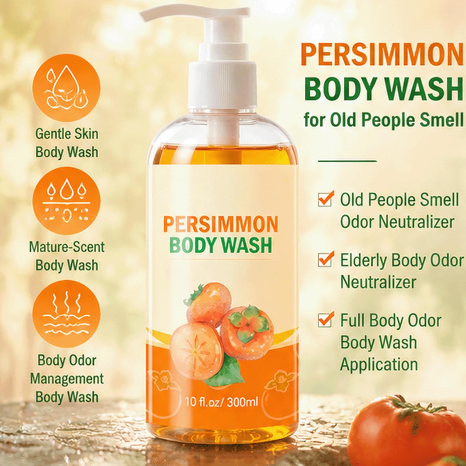 Persimmon Body Wash dla osób starszych Zapach - Neutralizator zapachów o dojrzałym zapachu, Delikatny płyn pod prysznic do skóry, Dezodoryzujący środek czyszczący dla kobiet i mężczyzn, (5 szt)