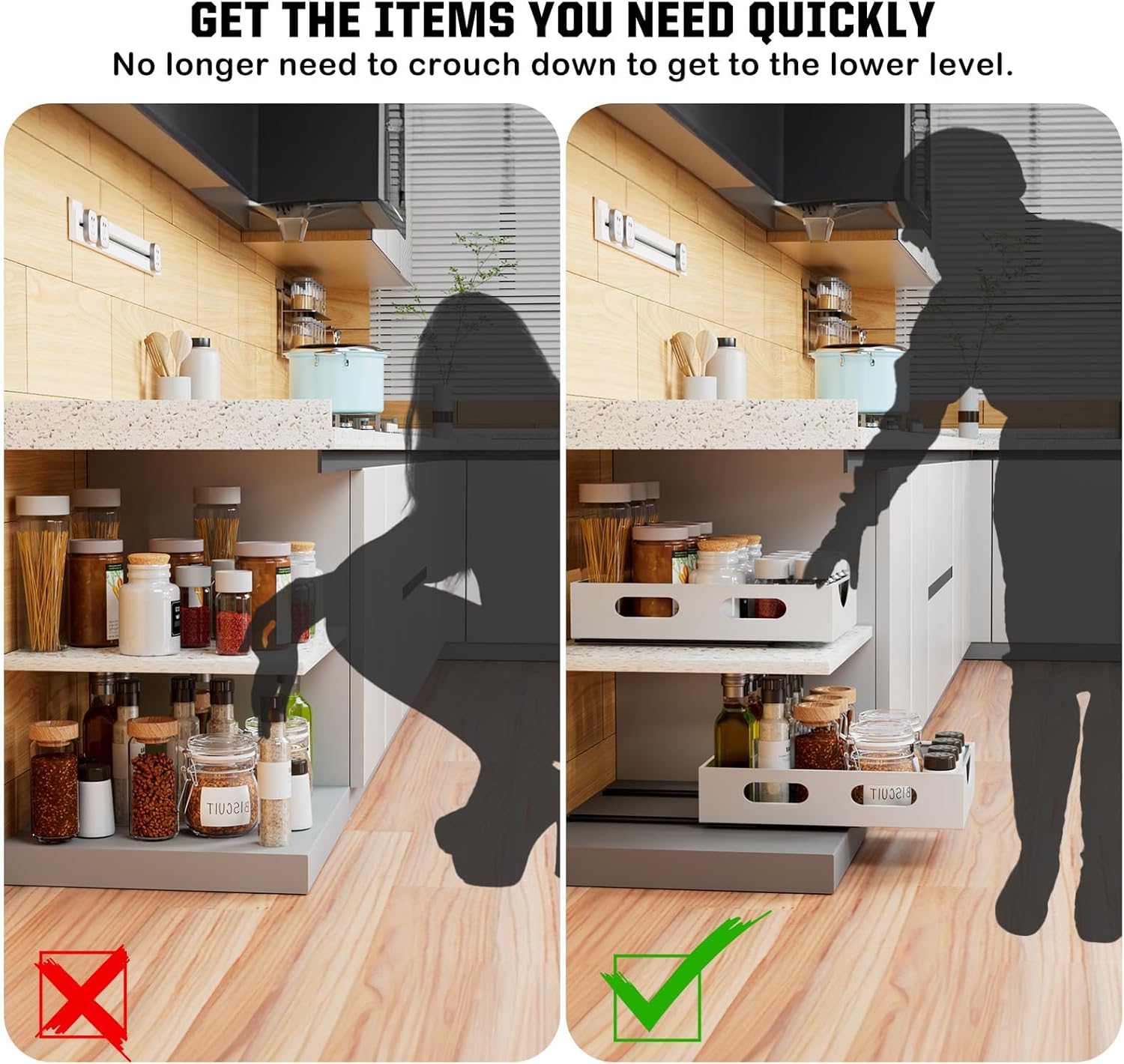 Pull Out Cabinet Organizer Fixed with Adhesive, Slide Out Drawer Storage Shelves - 10.8" W x 15.15" D Heavy Duty Pull Out Drawers for Kitchen Cabinets, Living Room, Home - White