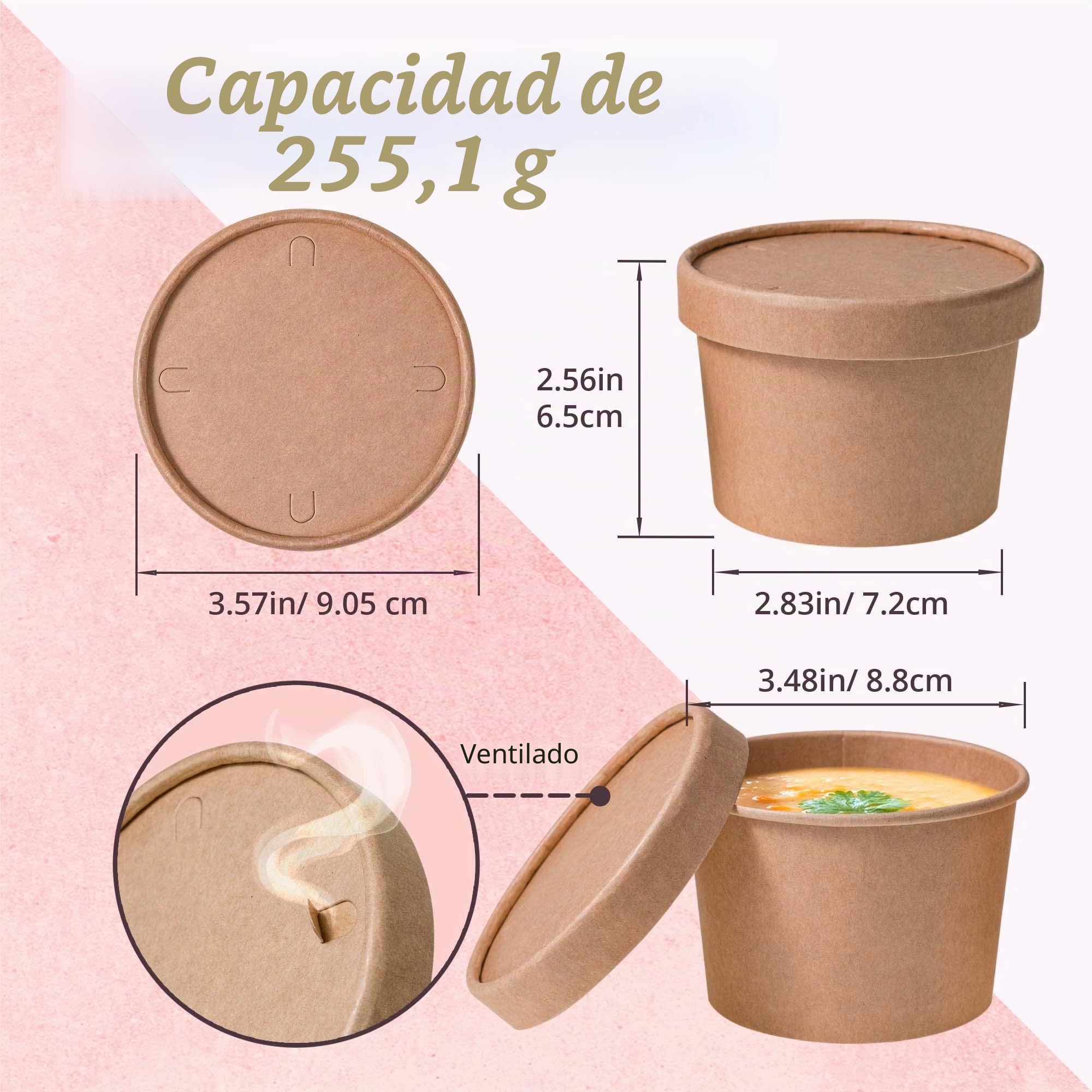 MATICAN Vasos de papel para helado con tapas, paquete de 40 tazas de sopa de 9 onzas con tapas, recipientes desechables para helado, 9 onzas, marrón kraft