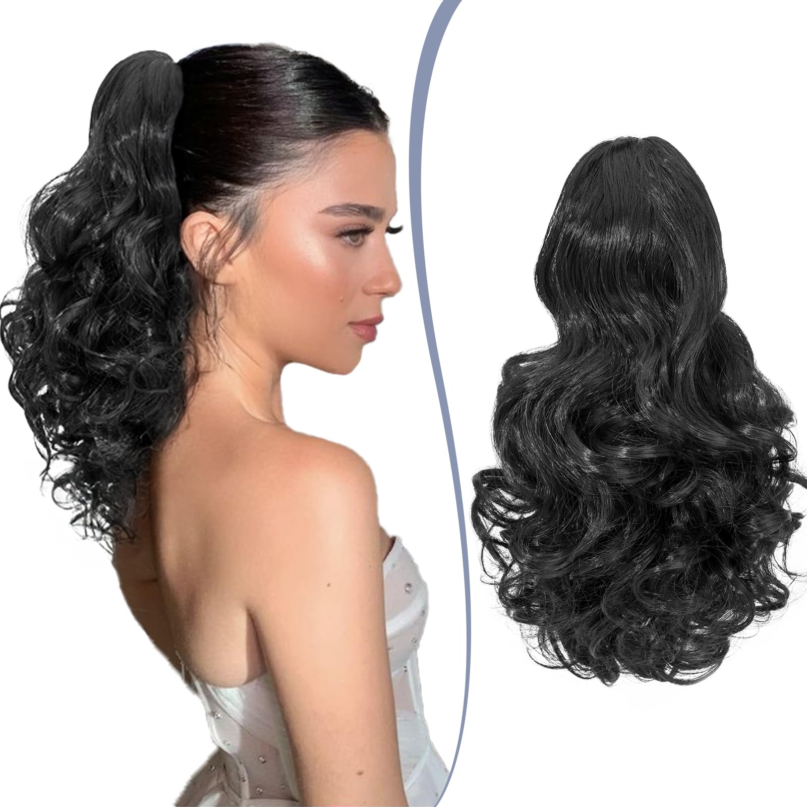 TESS Claw On Ponytail Extension Matte Material 14 Inch/37cm Curly Wavy Clip In Pony tail Synthetic Hairpiece, Natural Black