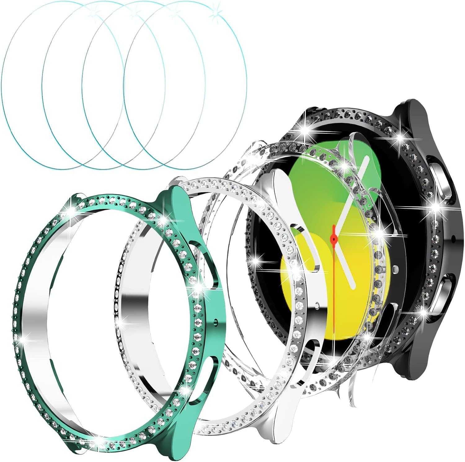 HASDON [4+4 Pack] Bling Case and Screen Protector for Samsung Galaxy Watch 5 & Galaxy Wacth 4 44mm, Waterproof Tempered Glass Screen Protective Film & Hard PC Diamond Bumper Cover Set