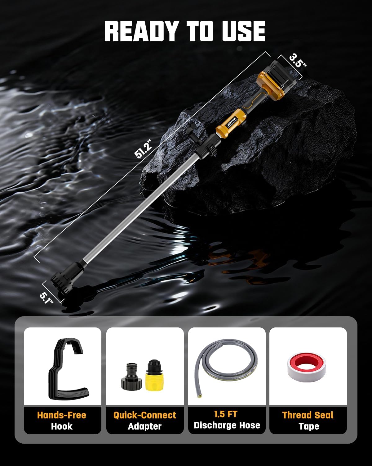 Cordless Stick Water Transfer Pump Compatible with DeWalt 20V Max Battery (Tool Only), 720 GPH Portable Electric Utility Pump with 32FT Lift, Brushless Sump Pump for Pool, Garden, Pond, RV and Boat