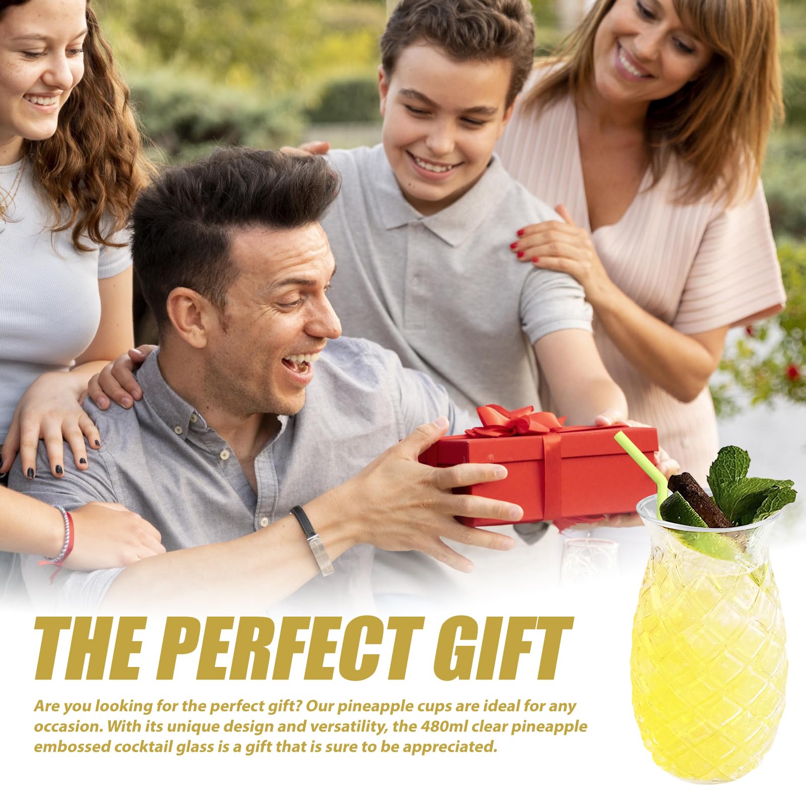 Set di 4 bicchieri di ananas: 400 ml, trasparenti da cocktail con rilievo di ananas, riutilizzabili, bicchieri da festa con 4 cannucce + spazzole di paglia, bicchieri di succo, bicchieri da