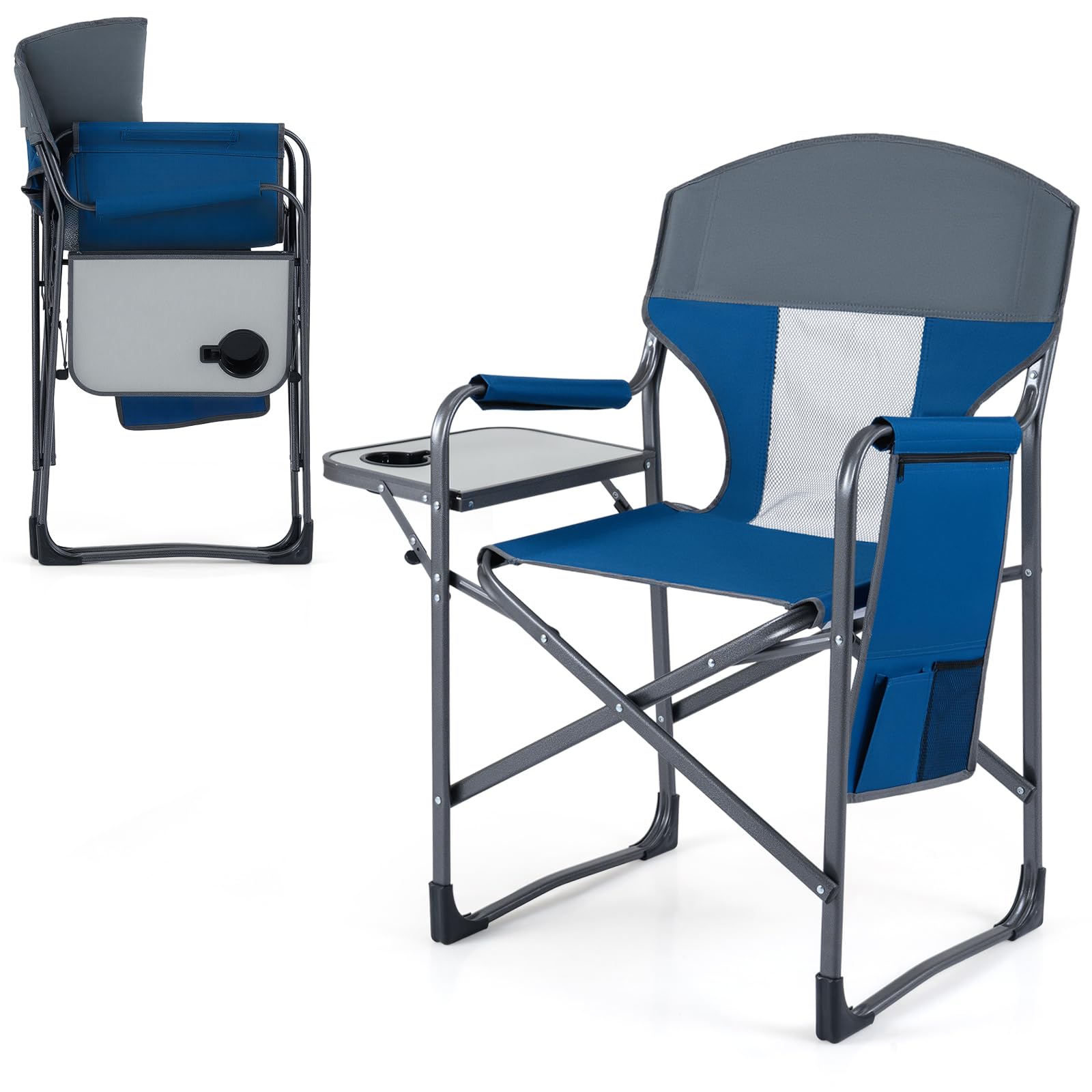COSTWAY Folding Directors Chair, Oversized Camping Chairs with Side Table and Cup Holder, Outdoor Heavy Duty Beach Chair for Lawn Picnic Hiking Fishing (Blue, 83 x 50 x 101cm, with Storage Pocket)