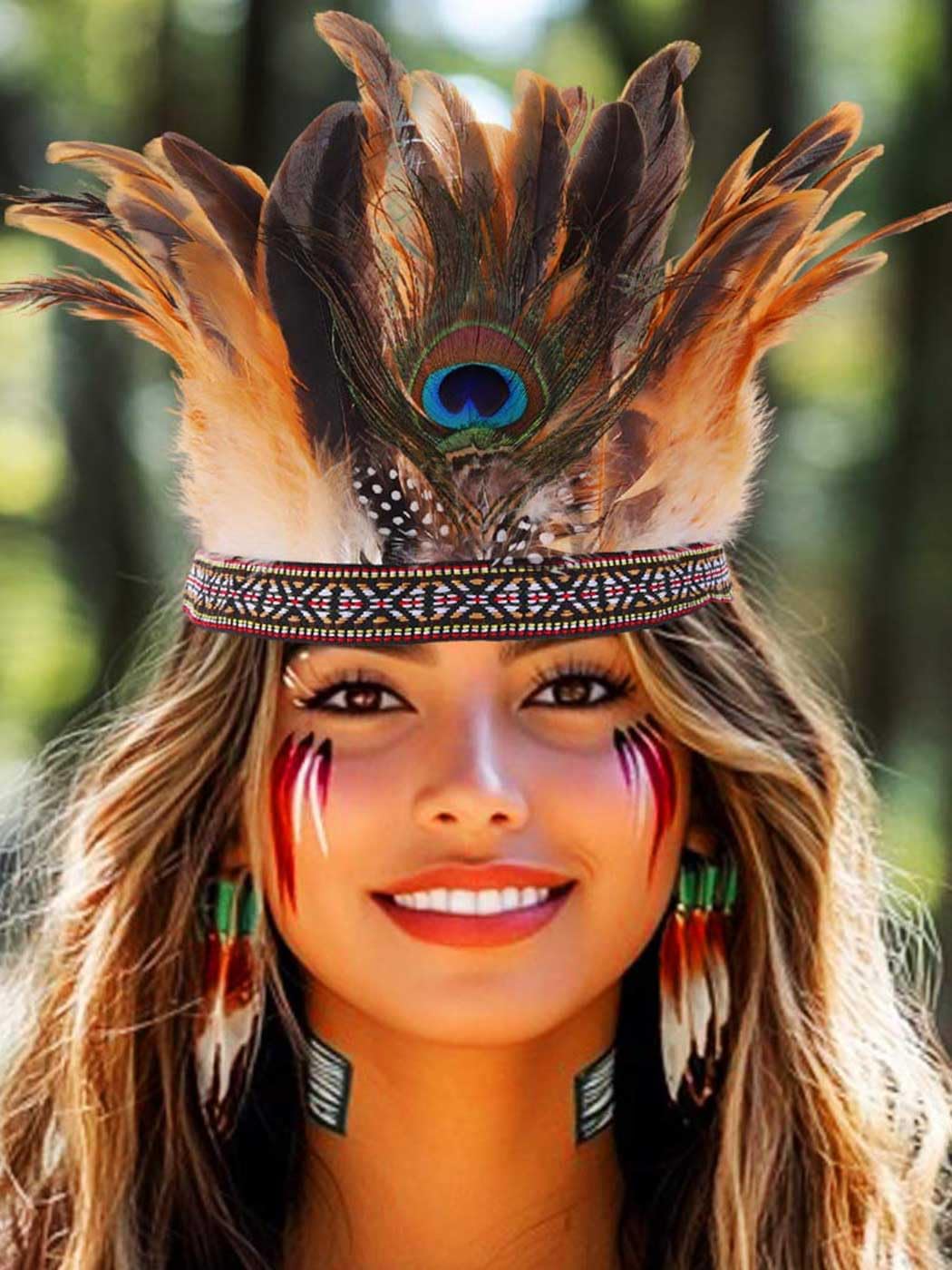 Aukmla Indian Feather Headband Peacock Feather Headpiece Carnival Costume Headdress for Women - Image 3