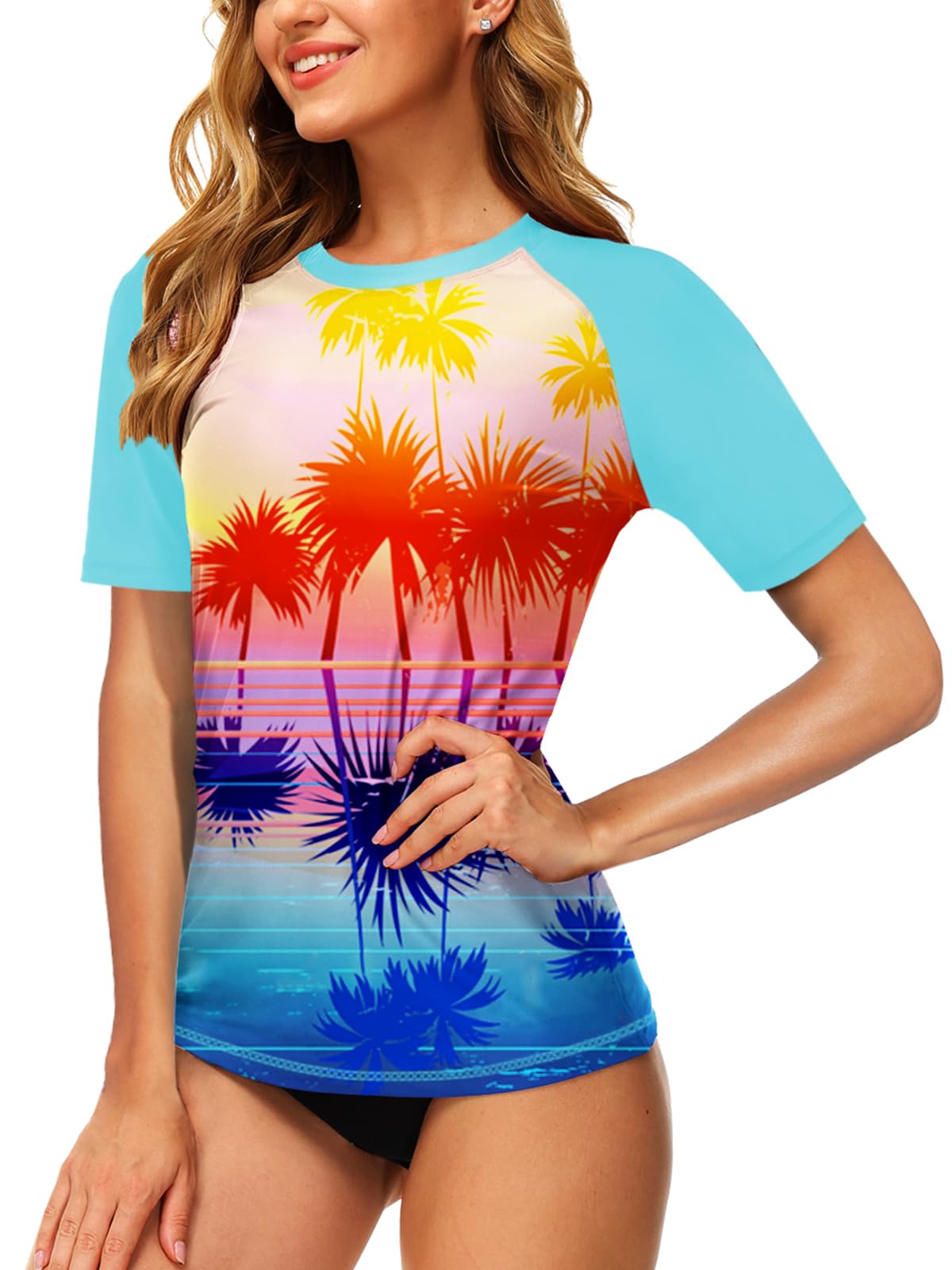 AOBUTE Women Short Sleeve Rash Guard UPF 50+ Tropical Sun Protection Floral Swim Shirts