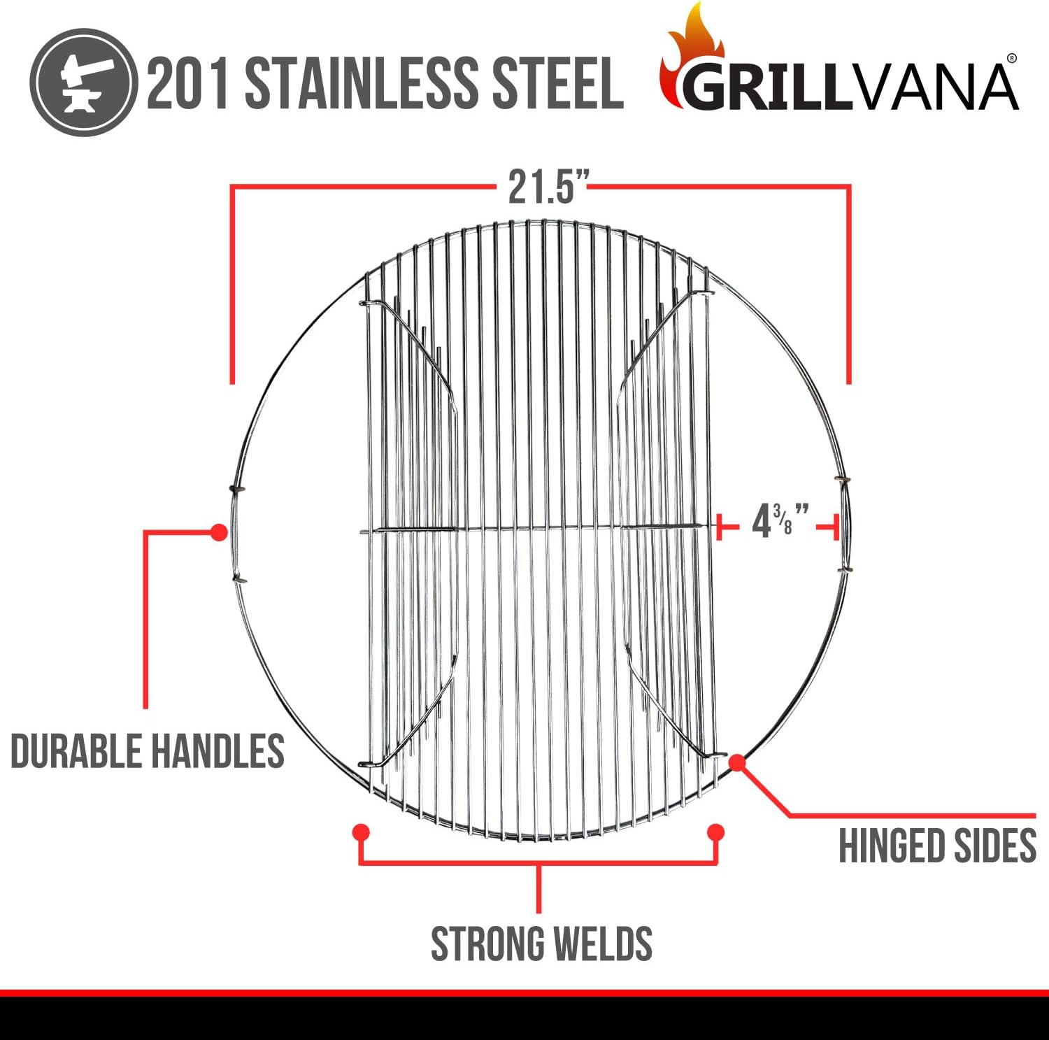 22 Inch 201 Stainless Steel Hinged/Cooking Replacement 22” grill grate - Compatible with Weber 22" Charcoal Grills - Kettle Charcoal BBQ Grilling Accessories