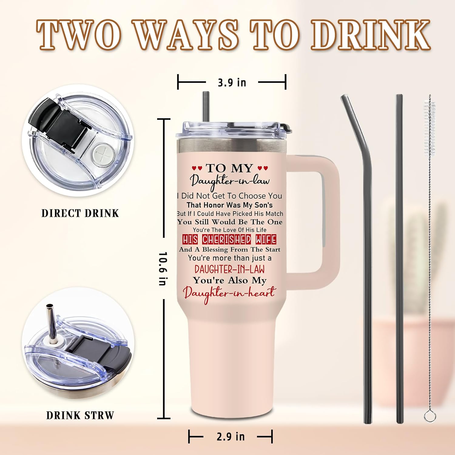 DUUV Daughter in Law Gifts, 40 Oz Coffee Tumbler with Handle and Straw, Christmas Thanksgiving Birthday Gifts for Daughter in Law, Insulated Travel Mug, 1PCS - Image 3