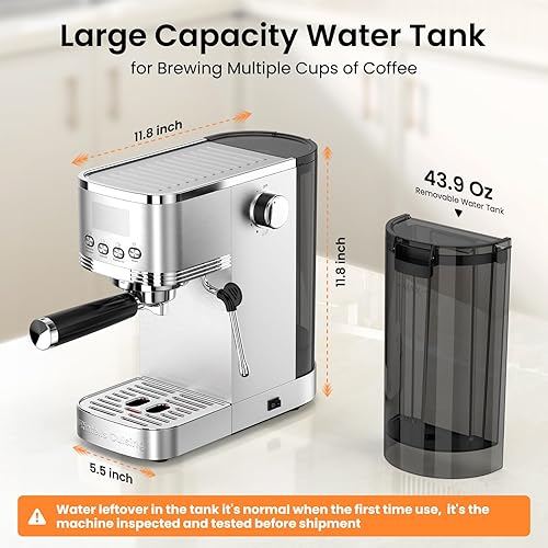 Miniatura 9 de Máquina de café expreso de 20 barras con espumador de leche de vapor, cafetera expresso compacta de acero inoxidable para capuchino latte americano,