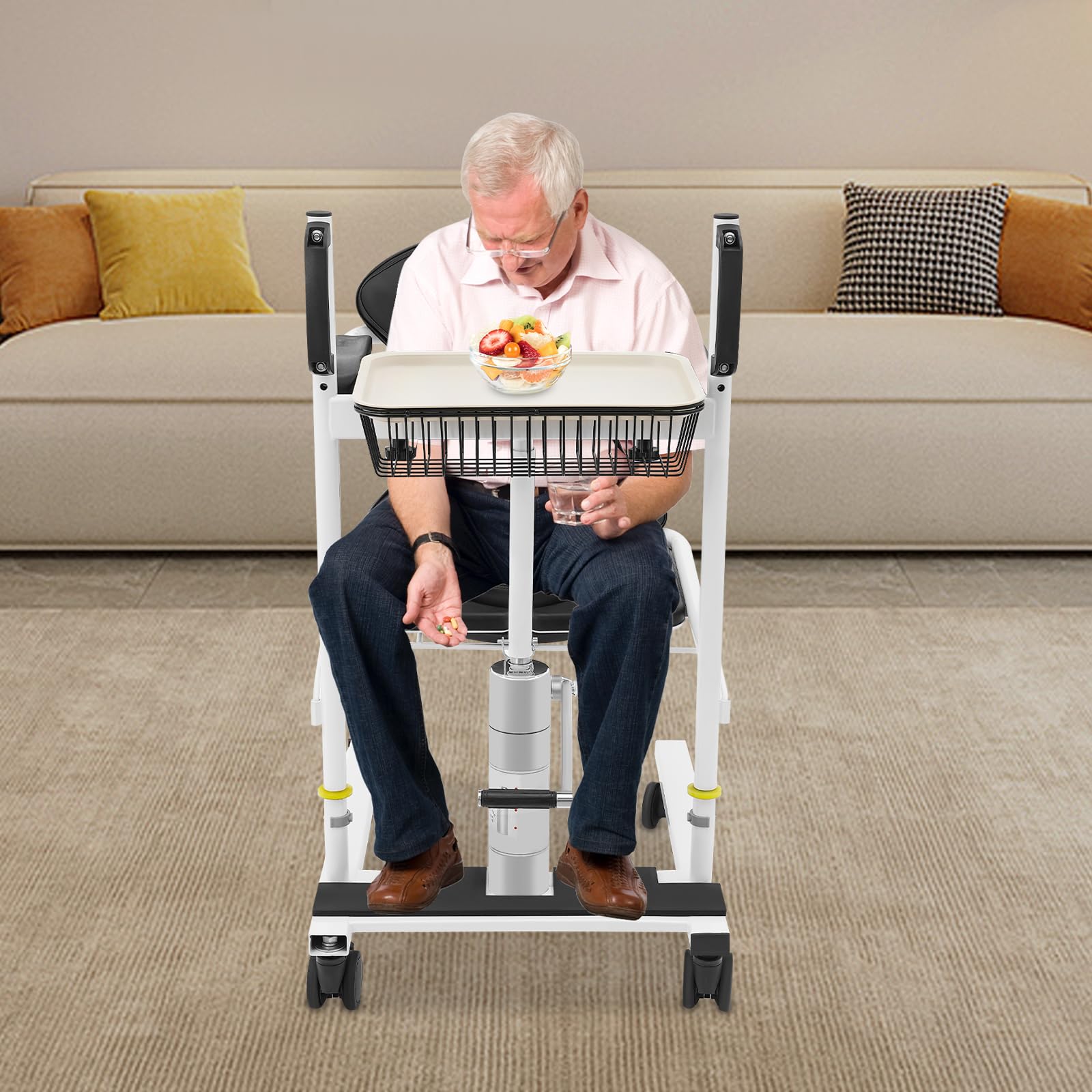 OUKANING Sollevatore idraulico per pazienti, sedia da toilette mobile con portata di 150 kg, altezza regolabile 43-63 cm, sedile pieghevole a 180°, per anziani e disabili
