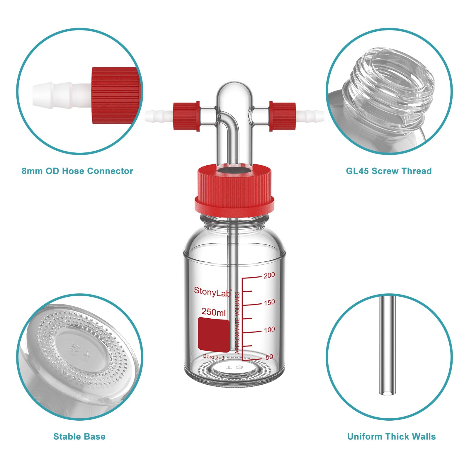stonylab Gaswaschflasche aus Borosilikatglas mit GL45 Schraubverschluss, PP-Kappe und PTFE-Hülse, 8 mm Schlauchanschluss für Laborlagerung und Dosierung, 250 ml