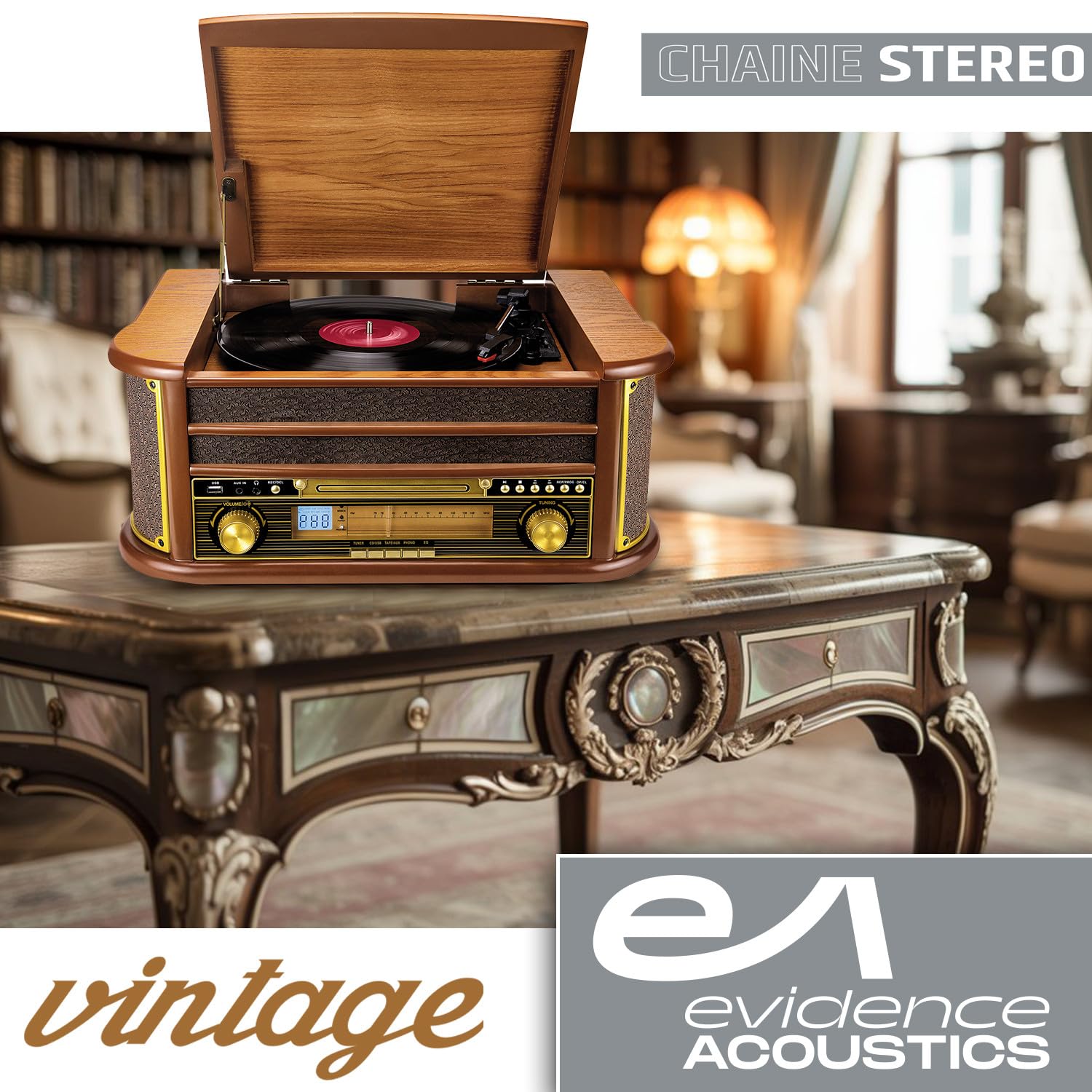 Tourne-Disque Evidence Acoustics EA-PL400 - Vinyle 33/45/78, 60W PMPO, Radio FM, CD, Cassette, Bluetooth USB, REC, rétro, Bois