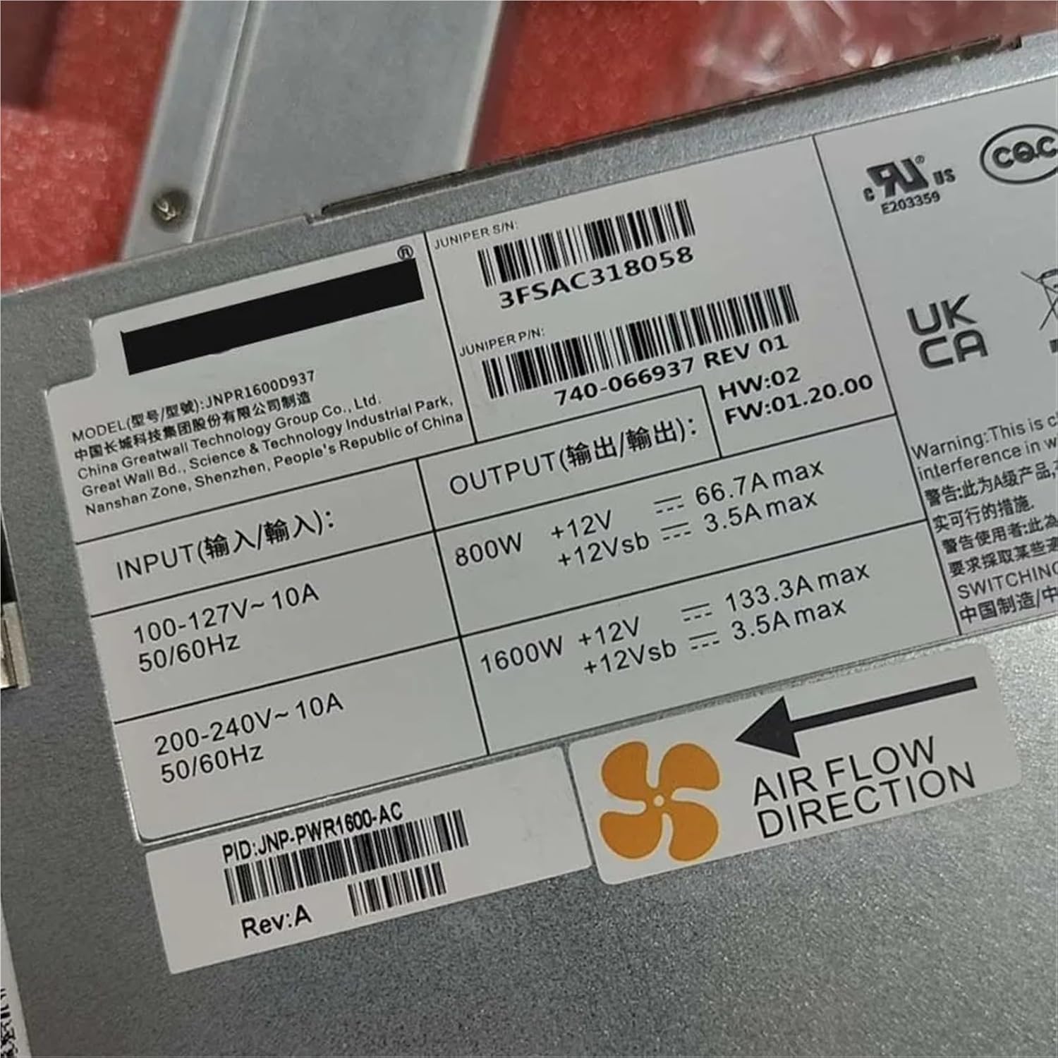 1pc for JNP-PWR1600-AC Universal AC Power Supply 1600W 740-066937 JNPR1600D937