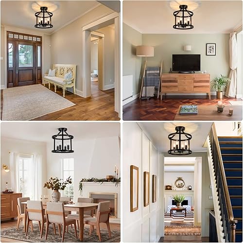 Miniatura 7 de 4-Light Farmhouse Metal Semi Flush Mount Ceiling Light Fixture, Industrial Vintage Matte Black E12 Candle Ceiling Lamp, Rustic Chandeliers for