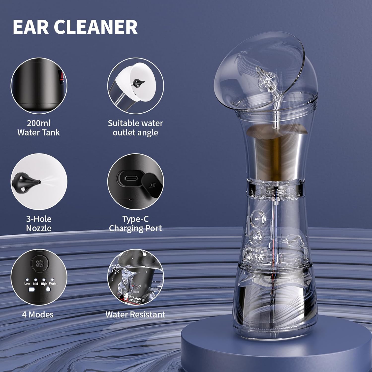 Upgraded Ear Wax Removal Kit, 4-Mode Electric Ear Cleaner - IPX7 Waterproof, Earwax Cleaning Kit with Water Temperature Sensor, 2in1 Waste Tank Design for Home Use（White）