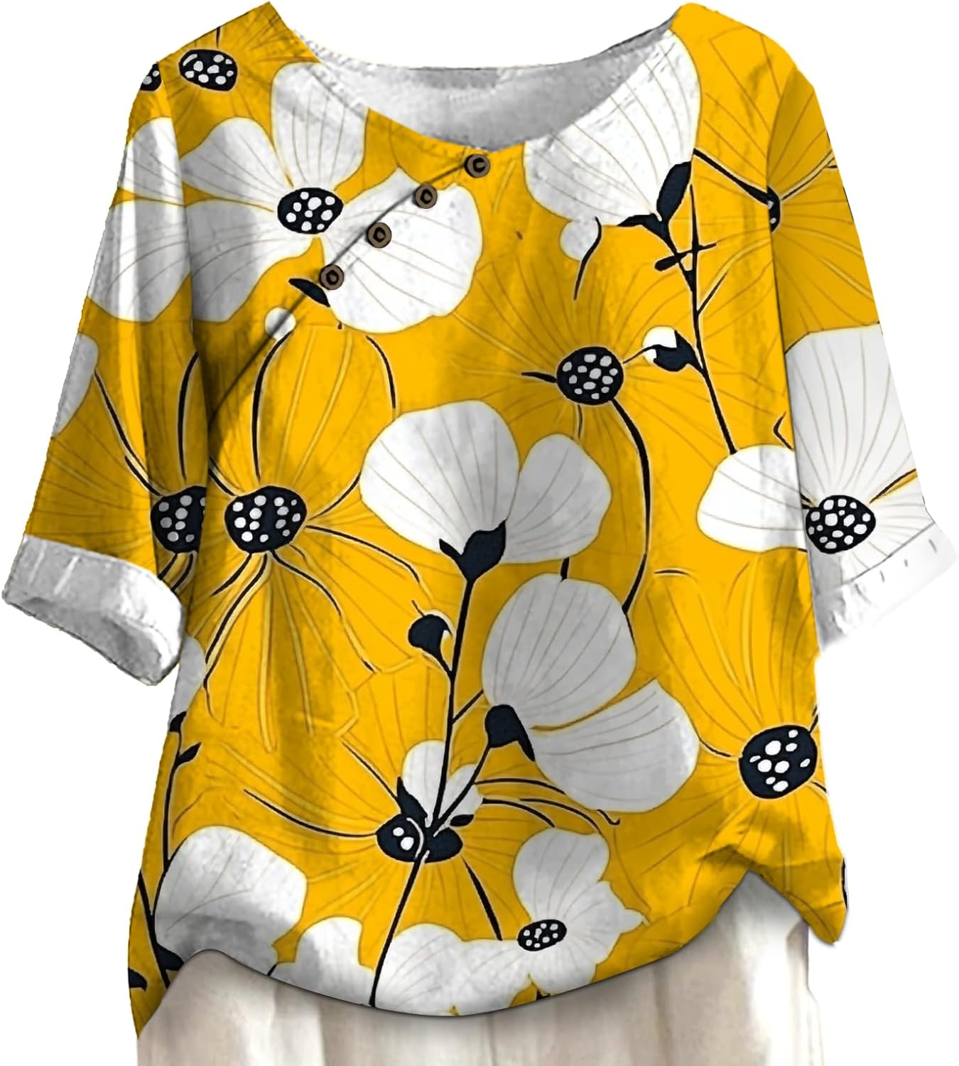 Womens Short Sleeve Print Blouse Lightweight Summer Top Casual Button Detail Loose ...